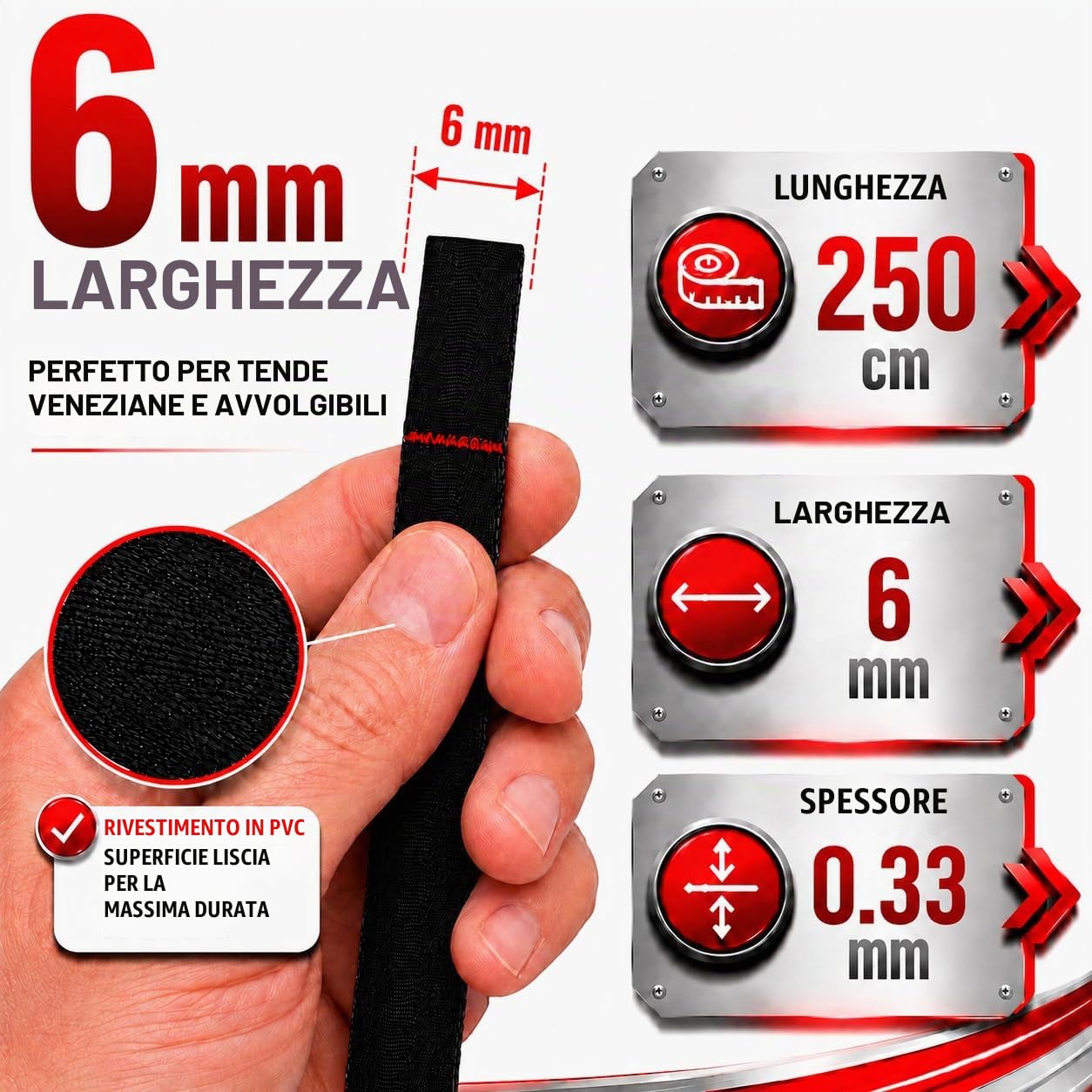 Nastro per tende da esterno 6 x 0,33 mm con 2 passanti (250 cm, grigio)