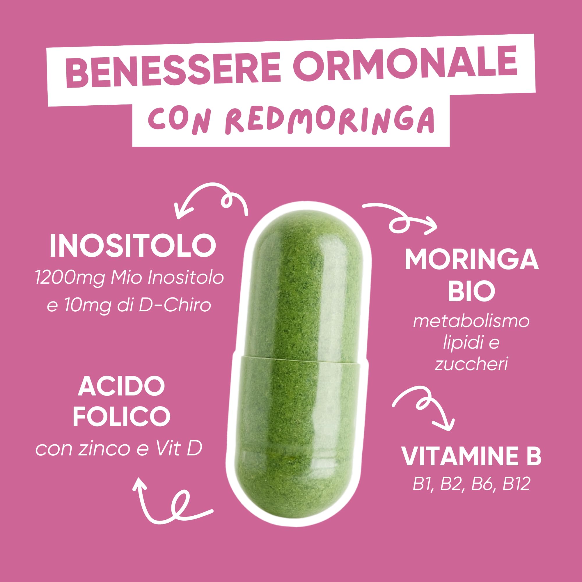 Myo INOSITOLO + DChiro per PCOS con Acido Folico, Vitamine B12, B6, D e Moringa BIO | Integratore Woman Balance Ovaio Policistico, Regolarità Ciclo, Migliore Ovulazione | 90 Capsule - RedMoringa