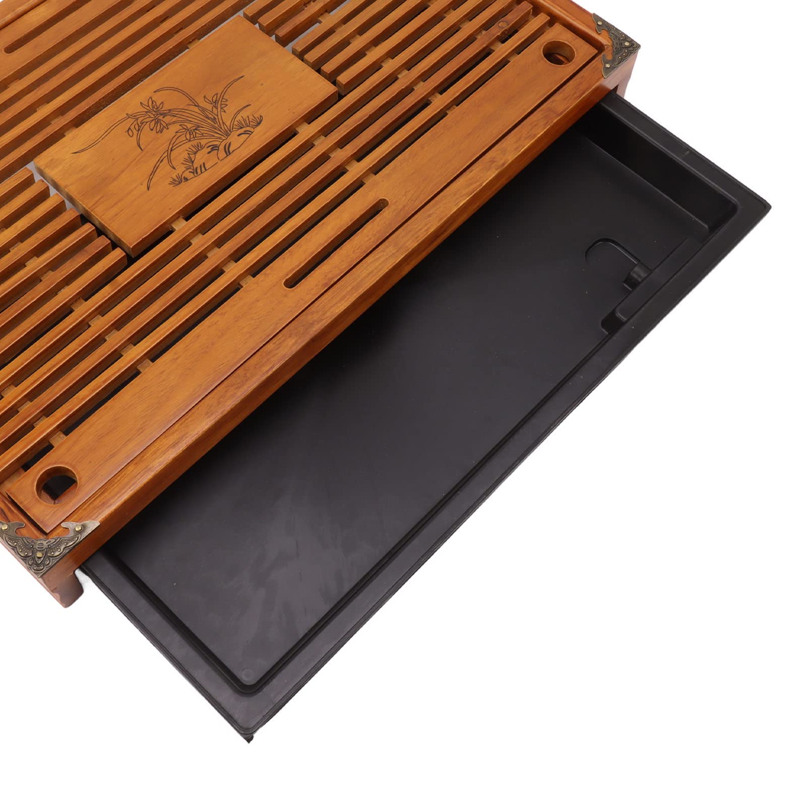 Plateau à thé en Bois Plateau à thé en Bambou Plateaux de Service de Thés de Style Chinois avec Motif D'orchidée Drainage de Stockage D'eau Haute capacité pour le Bureau à (YELLOW)