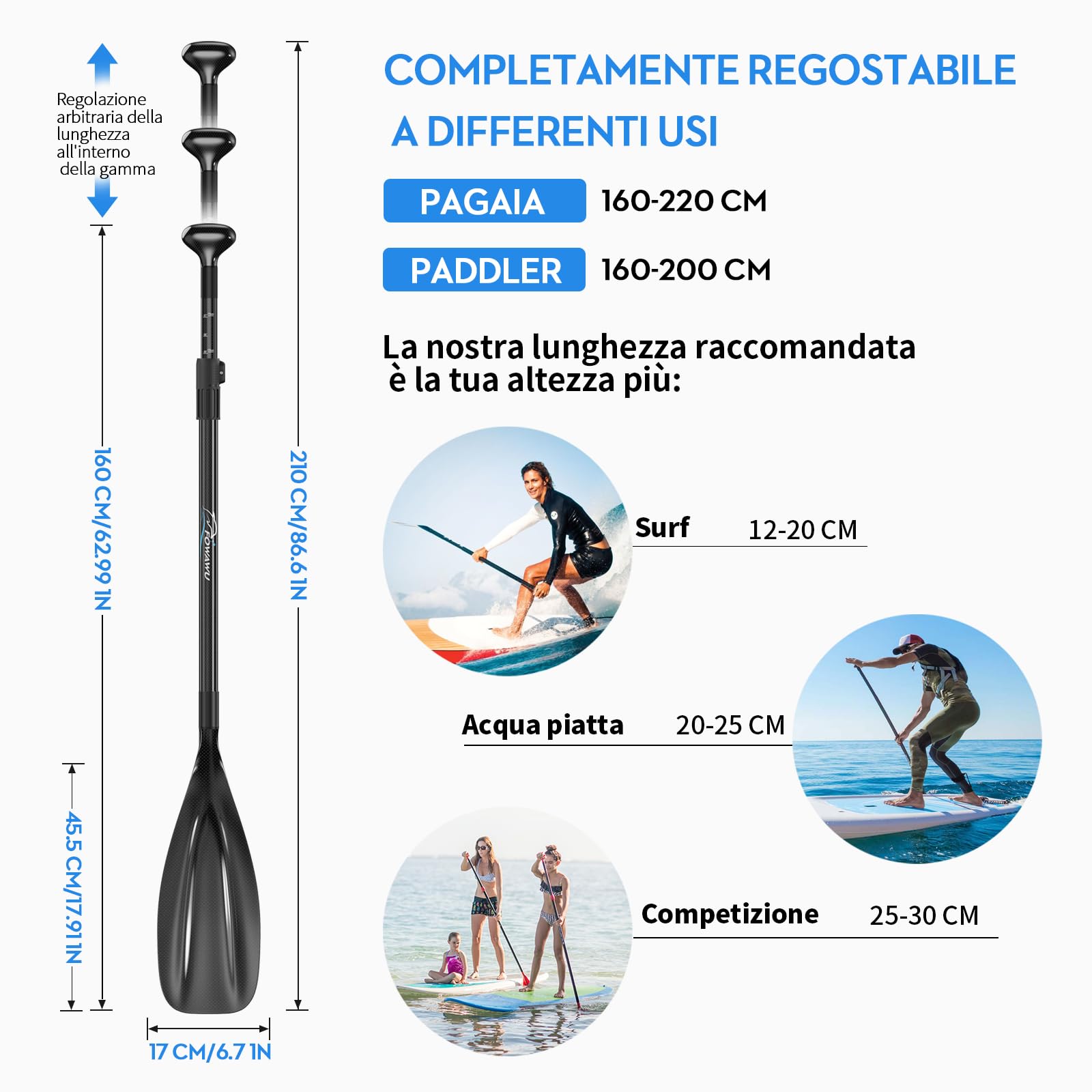 Pagaia SUP FOWAWU in carbonio parziale/Carbonio completo - Pagaia per paddle board a tre pezzi regolabile - Remi leggeri e galleggianti per paddle board SUP