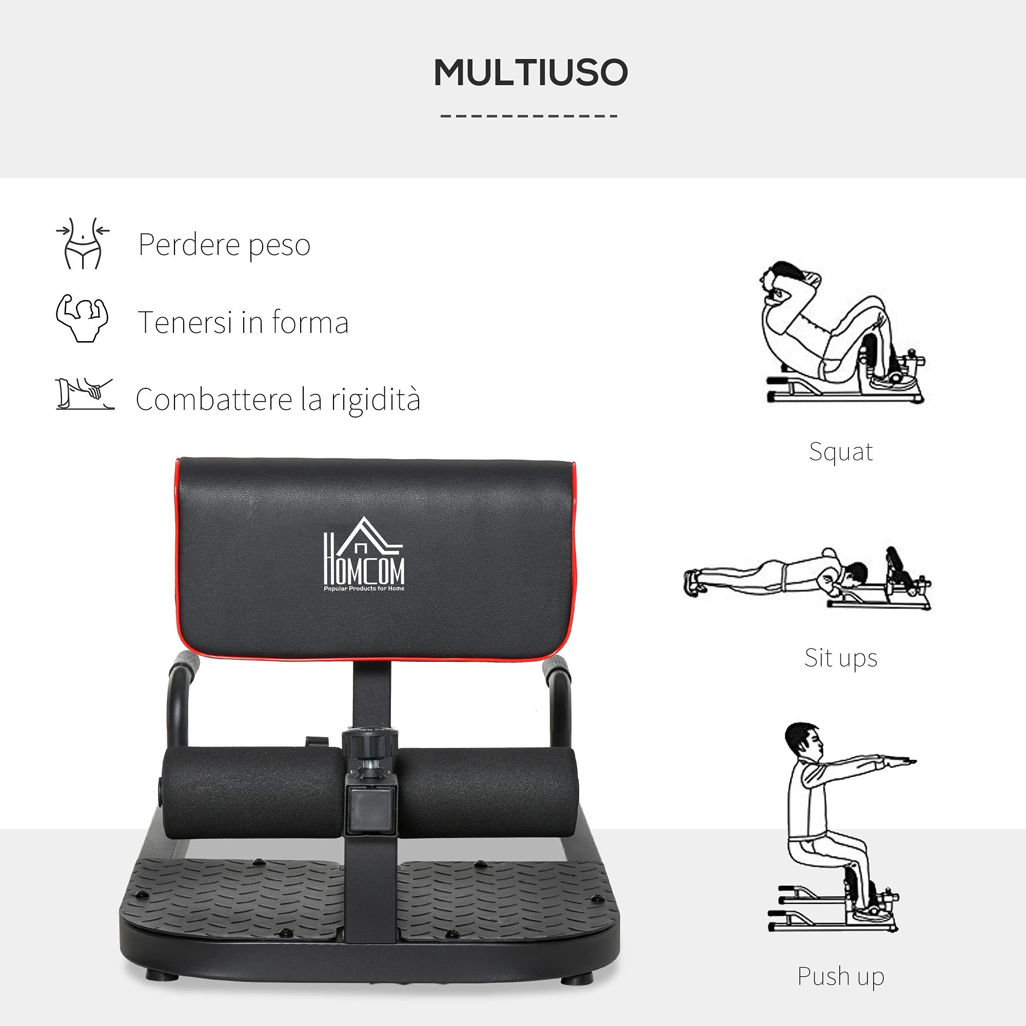 HOMCOM Macchina Squat 3 in 1, Macchina per Deep Sissy Squat Sit Up Push Up Regolabile Acciaio, Multifunzione, per Fitness, Allenamento, Leg Press, Addominali e Flessioni