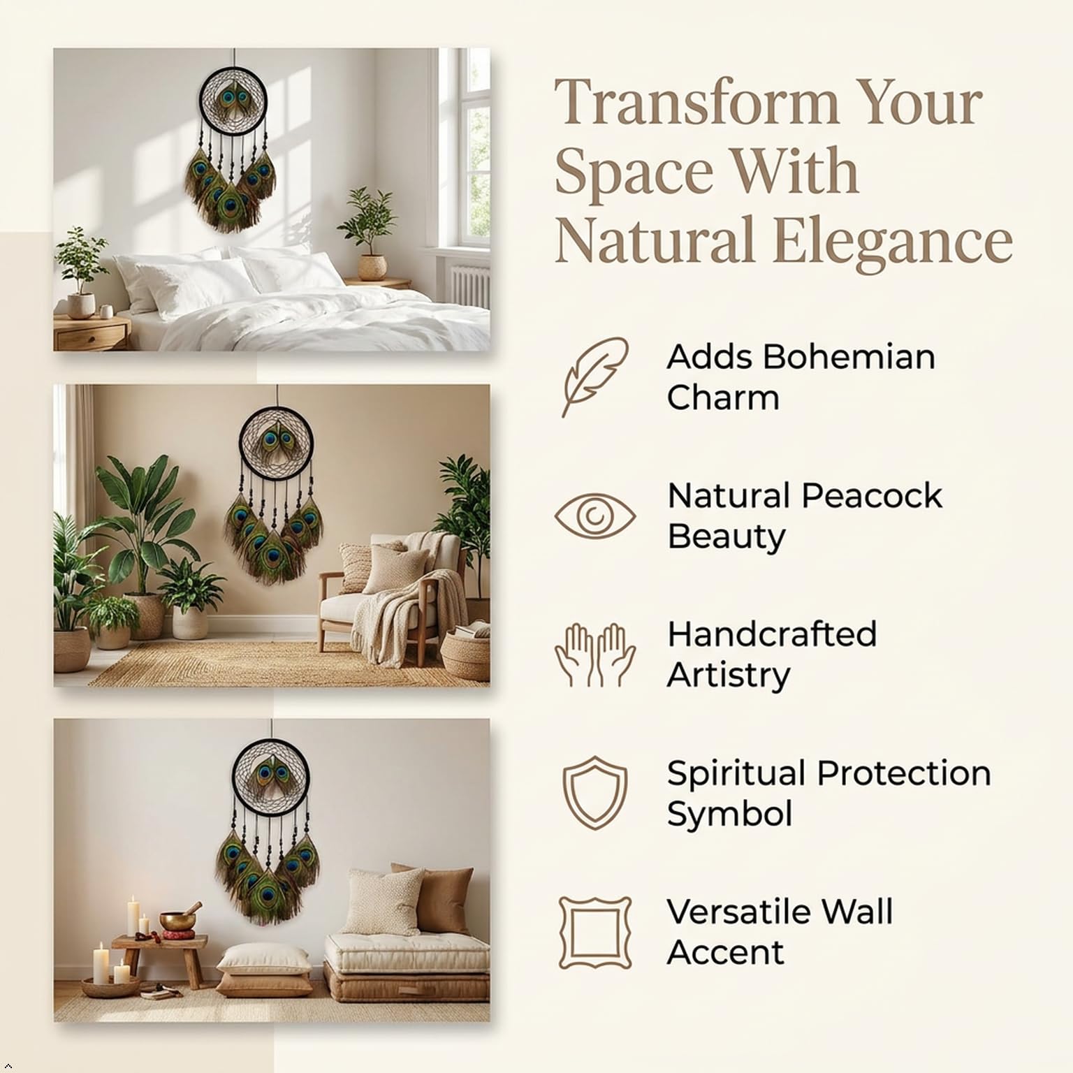 THE URBAN ARTISTIC Handcrafted Peacock Feather Dream Catcher Wall Hanging - Wooden, Bedroom Living Room Decor, Positive Energy, Multicolor Natural Feathers, Diwali Housewarming Gift, 45x18cm, Black 4