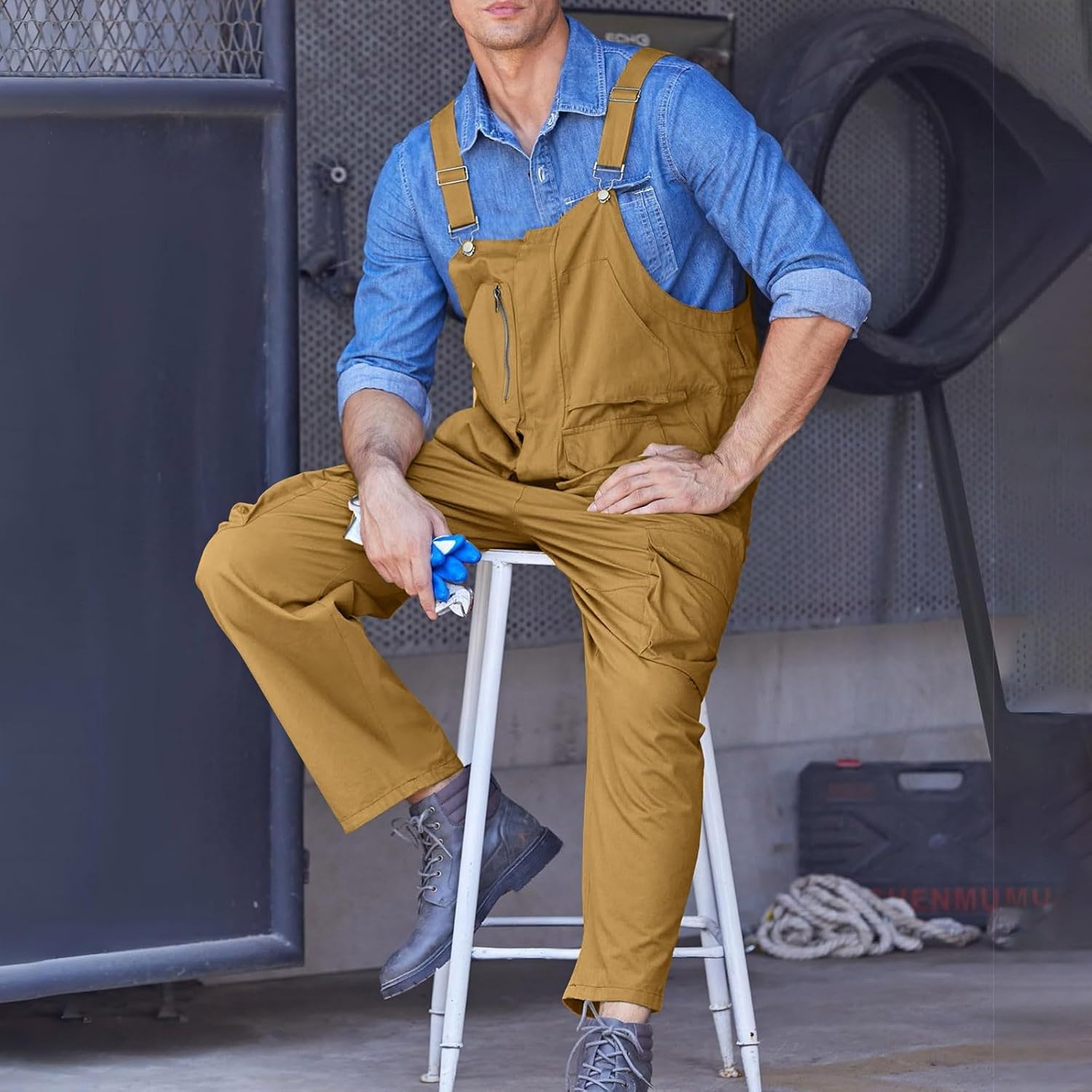 Men's Duck Bib Overalls Lightweight Coveralls for Men Workwear Adjustable Straps Work Jumpsuits with Tool Pockets