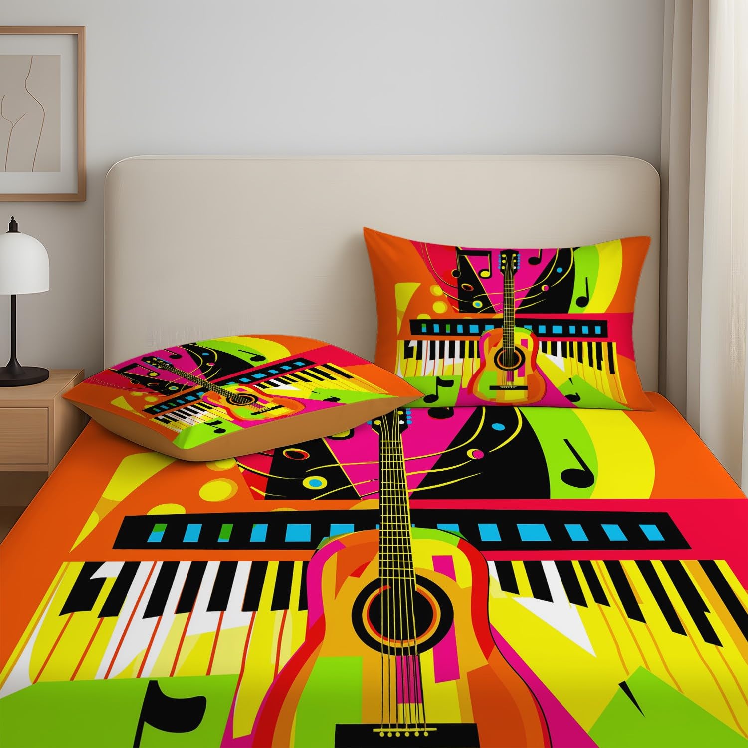 Rock Music - Sábana bajera ajustable (90 x 200 x 30 cm, 2 piezas, diseño pop art de guitarra, piano, juego de sábanas para niños, adolescentes y adultos, suave microfibra, decoración