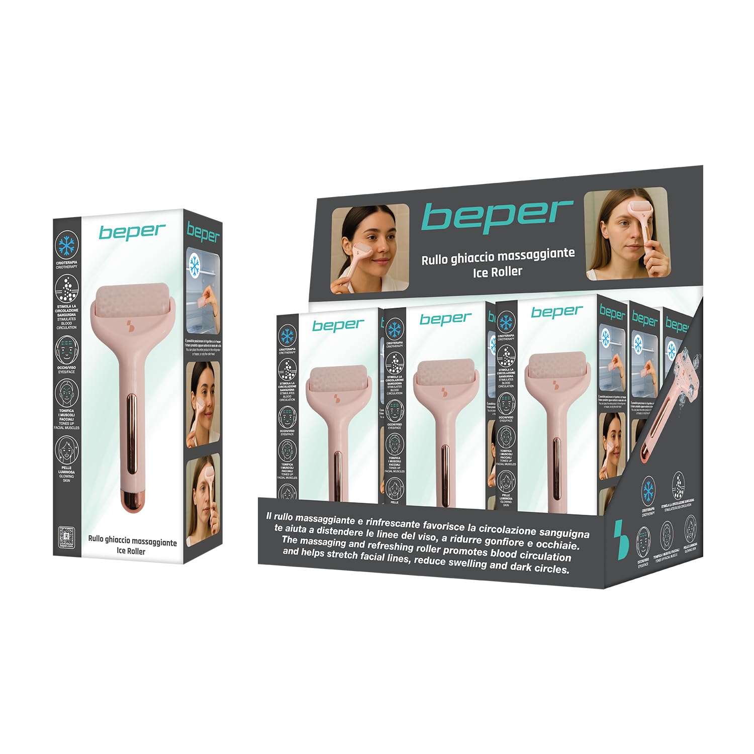 BEPER C301ABE110 Eisroller-Massagegerät für das Gesicht, Kryotherapie-Massagegerät gegen Schwellungen und Augenringe, Erfrischender Roller für die Hautpflege, Kompakt und tragbar