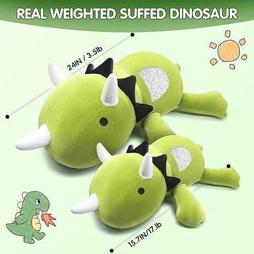 Miniatura 7 de Juguete de peluche de dinosaurio con peso, almohada con peso de dinosaurio verde de 1.7 libras, peluche de dinosaurio y lindas almohadas de