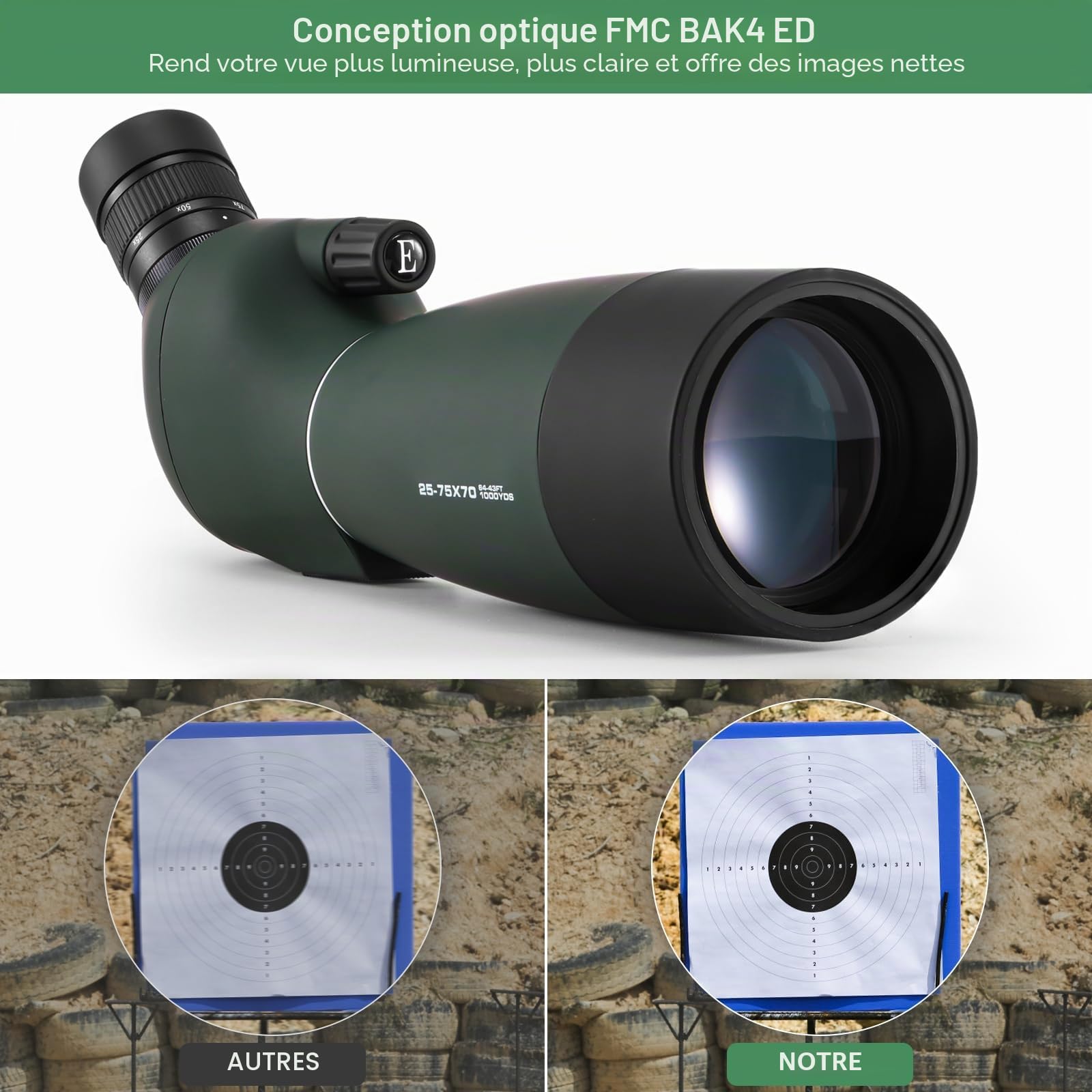 Longue Vues avec Trepied Adaptateur Smartphone,25-75x70mm étanche HD IP67 étanche, Bak4 Objectif FMC Monoculaire pour Tir à la Cible Tir à l'arc Observation des Oiseaux Lune