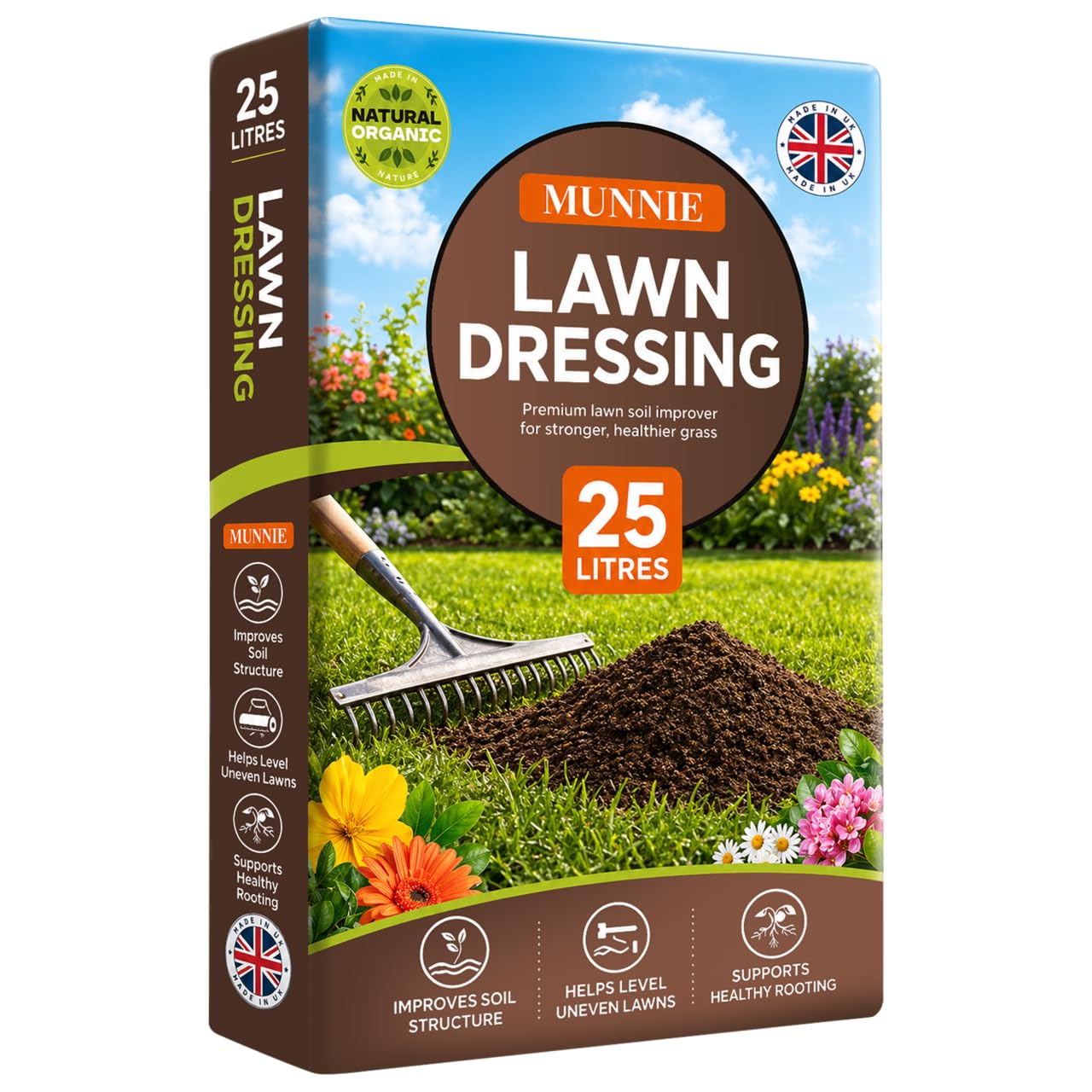 Munnie 25L Lawn Dressing for Grass Seeding – Premium Top Dressing Soil with Sandy Loam Blend, Lawn Compost, Topsoil for Seed Growth, Turf Repair, Levelling Mix & Root Support