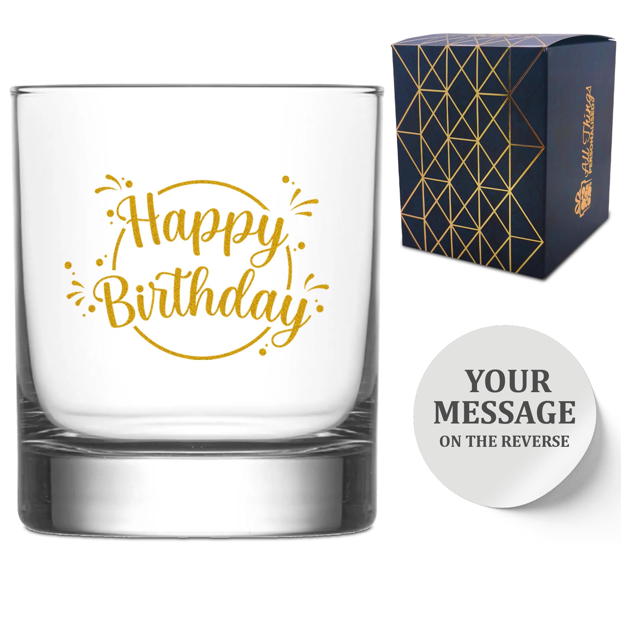 Vaso de whisky personalizado con texto en inglés "Happy Birthday", con texto en inglés «Happy Birthday» para cualquier ocasión, caja de regalo incluida, impreso y grabado en el Reino Unido