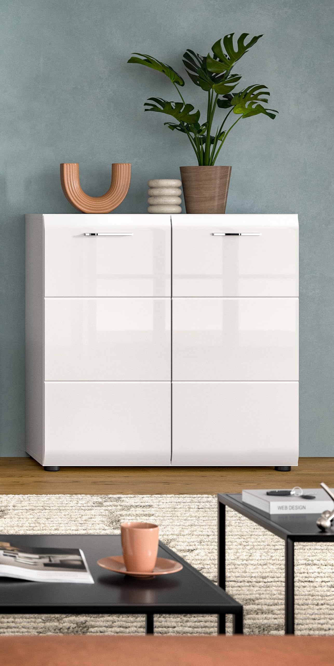 xonox.home – Highboard Ice 80x81x34 cm in weiß Hochglanz und weiß – Stilvolle Highboard Kommode mit viel Stauraum – modernes Design für Wohnzimmer & Essbereich