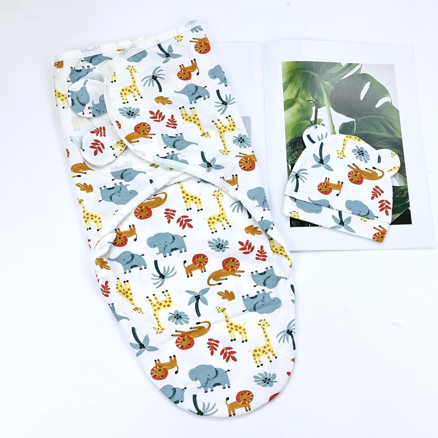 2 Sets Adjustable Soft Cotton Blend Newborn Infant Baby Girl Boy Receiving Swaddle Blankets Sleep Sacks with Matching Nursery Hats Caps Beanies Bonnet (Set 7) - Image 7