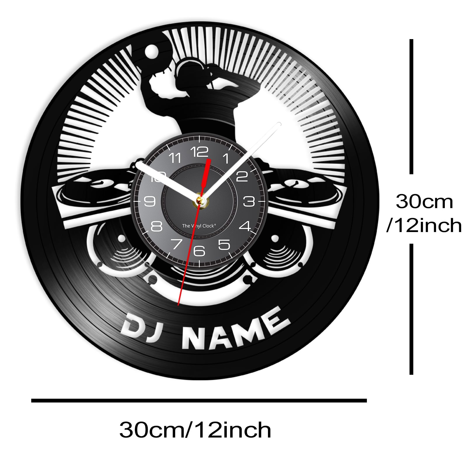 12 Inch Personalized Dj Name Clock, Custom Dj Music Vinyl Record Wall Clock Silent Non-Ticking Battery Operated Clock Wall Watch Gifts for Dj Man Cave Bedroom Music Room Studio