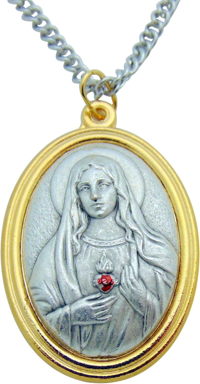 LM Gifts Immaculate Heart of Mary Medal 1 1/2 Inch Pendant Metal Medallion with Stainless Steel Chain