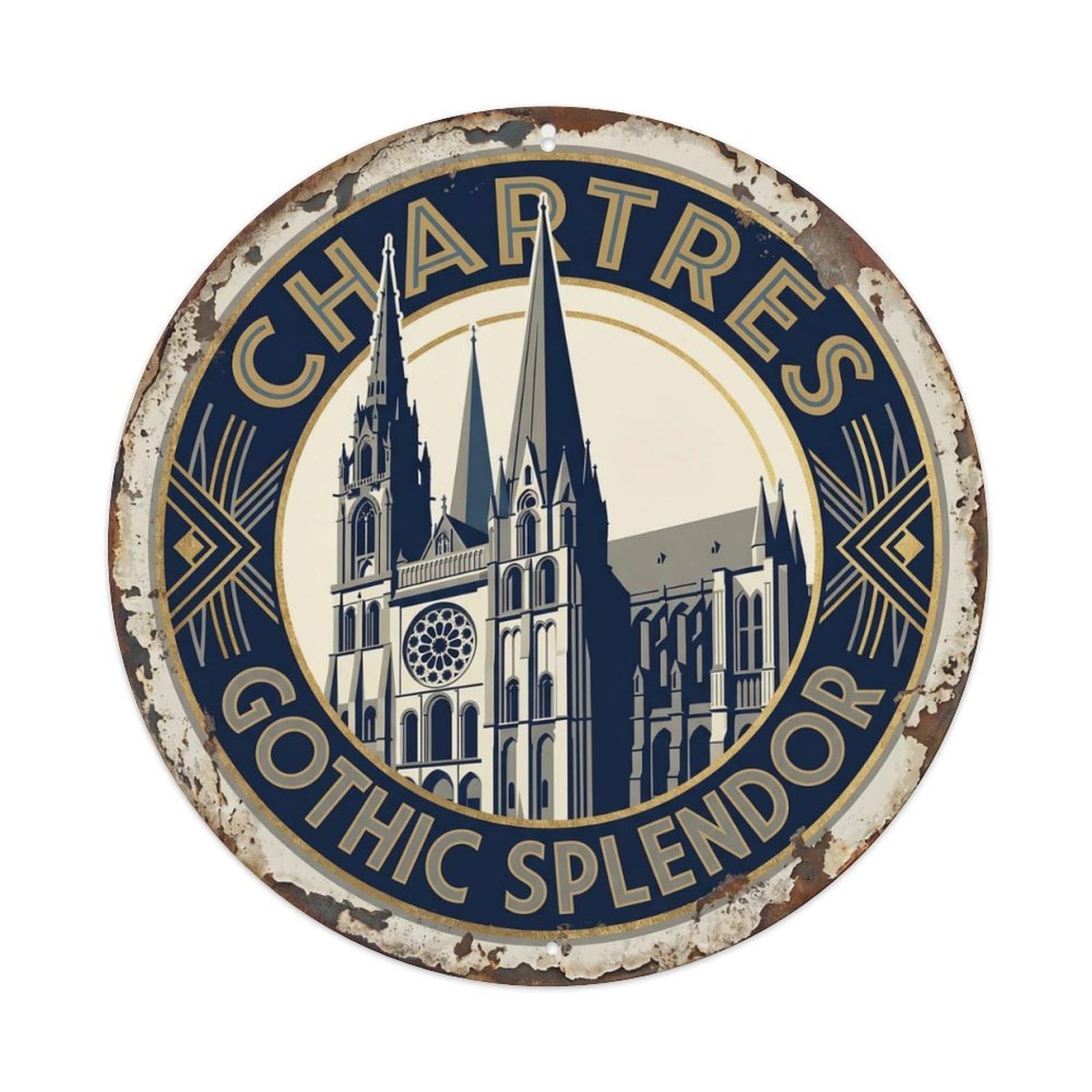 Vintage Travel Gothic Cathedral France Metal Tin Sign Plaque Wall Decor for Cafe, Club Bar, Office, Home Garden Round Metal Poster 8x8Inch