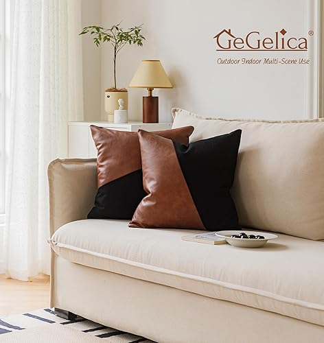 Miniatura 9 de GEGELICA Juego de 2 fundas de almohada de piel sintética de color negro y marrón de 20 x 20 pulgadas, almohadas decorativas de algodón estilo