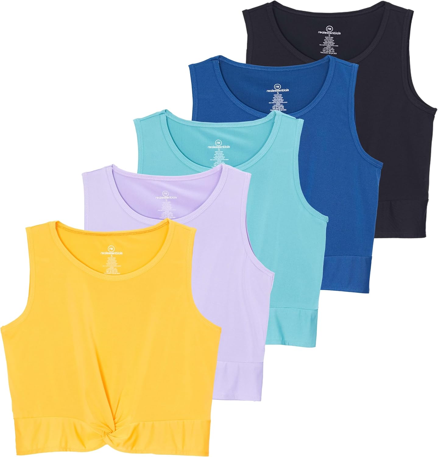 Real Essentials 5 Pack: Women's Dry-Fit Twist Front Knot Sleeveless Crop Tank Top - Dance Workout Athletic Yoga Cropped Top