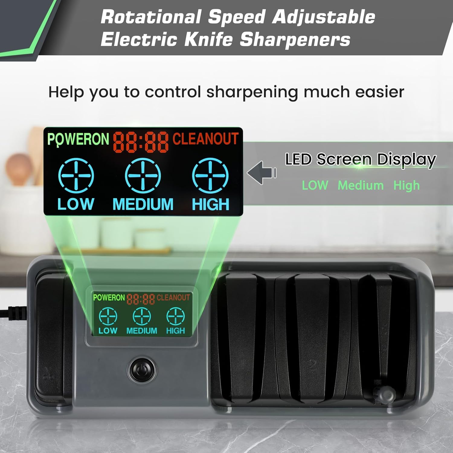Electric Knife Sharpener with LCD Screen for Straight, Serrated, Meat Cleaver, Ceramic Knives & Scissors, 3 Rotational Speed Adjustable Electric Kitchen Knife Sharpener, 100% Diamond Abrasives