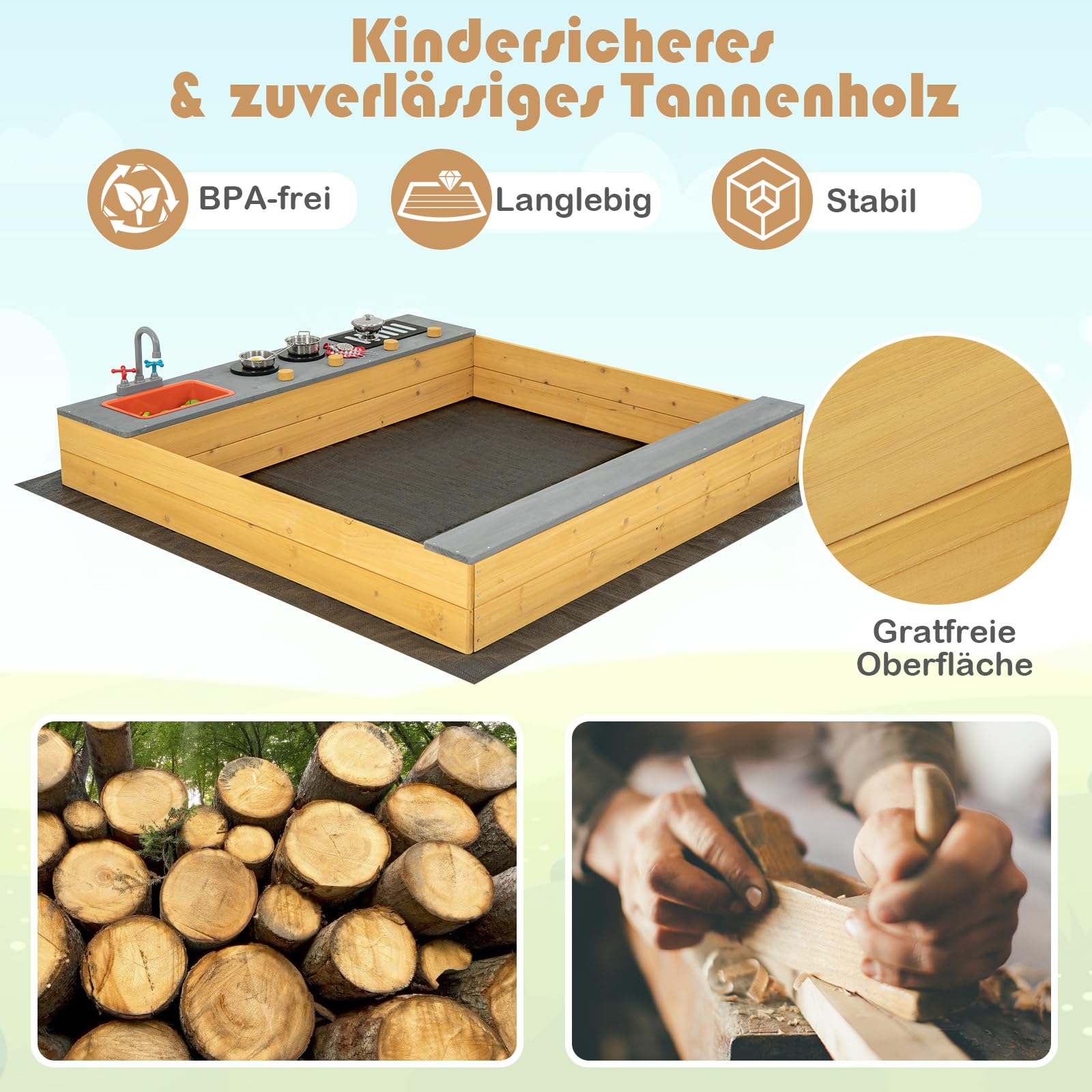DREAMADE Sandkasten 135 x 125 x 20 cm, Outdoor-Sandkiste aus Tannenholz mit Bodenauskleidung & 9 Kochutensilien, kreativem Kochbereich & Sitzbank, Sandkasten groß für Hinterhof, Strand, Garten