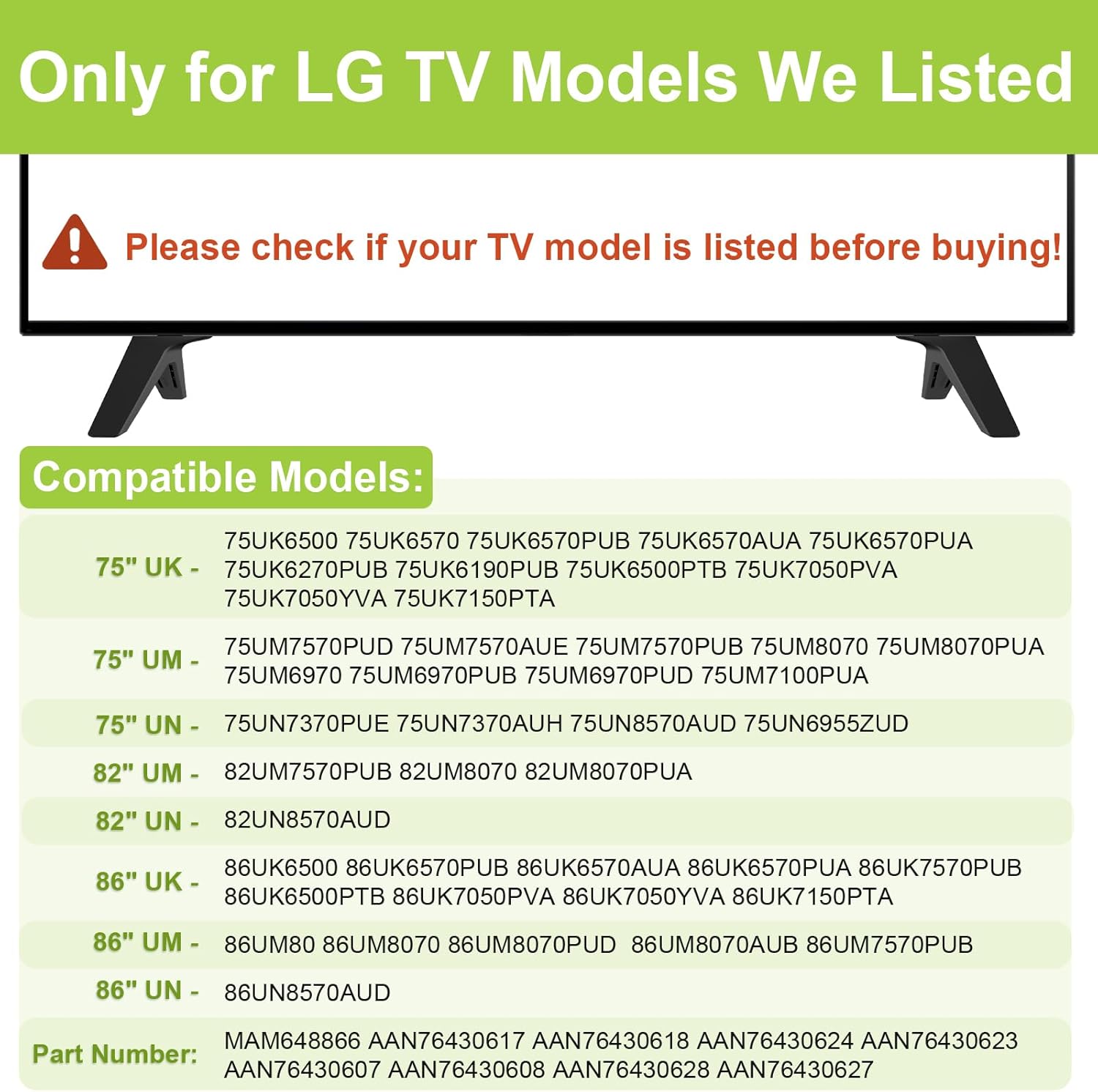 TV Base Stand for LG TV Legs, Only for 75UM7570PUD 75UM8070PUA 75UK6190PUB 75UK6500 75UK6570 82UM7570PUB 82UM8070PUA 86UK6500 86UK6570PUB 86UM8070AUB 86UM7570PUB Legs for LG TV Stand with Screw, Black