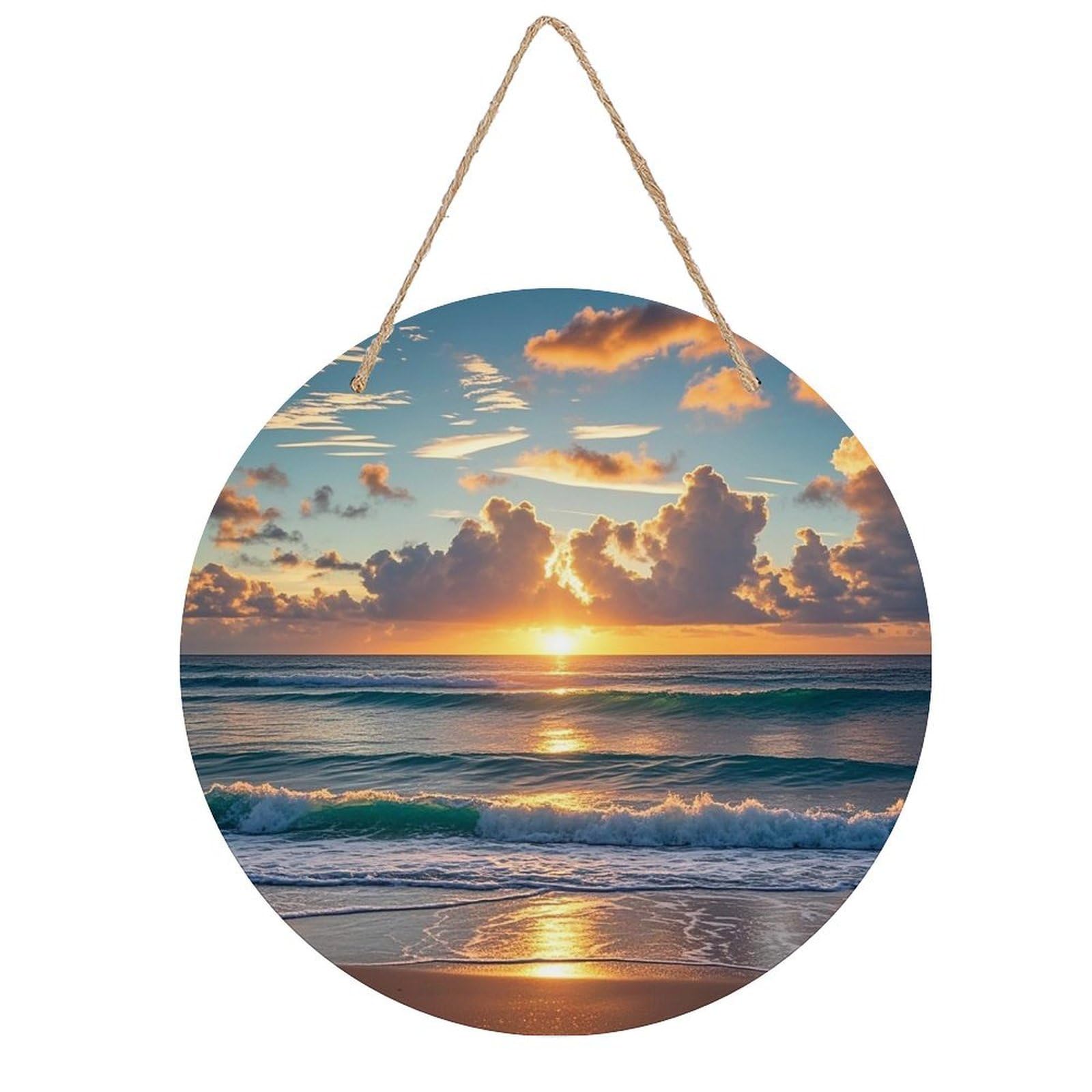 LZQPOEAS Beach Maui Hawaii Sunset Wall Art Decor Round Wood Hanging Sign Rustic Vintage Wooden Door Hanger with Ropes Decorative Plaque Welcome Sign for Home Indoor Outdoor, 7.9x7.9 in