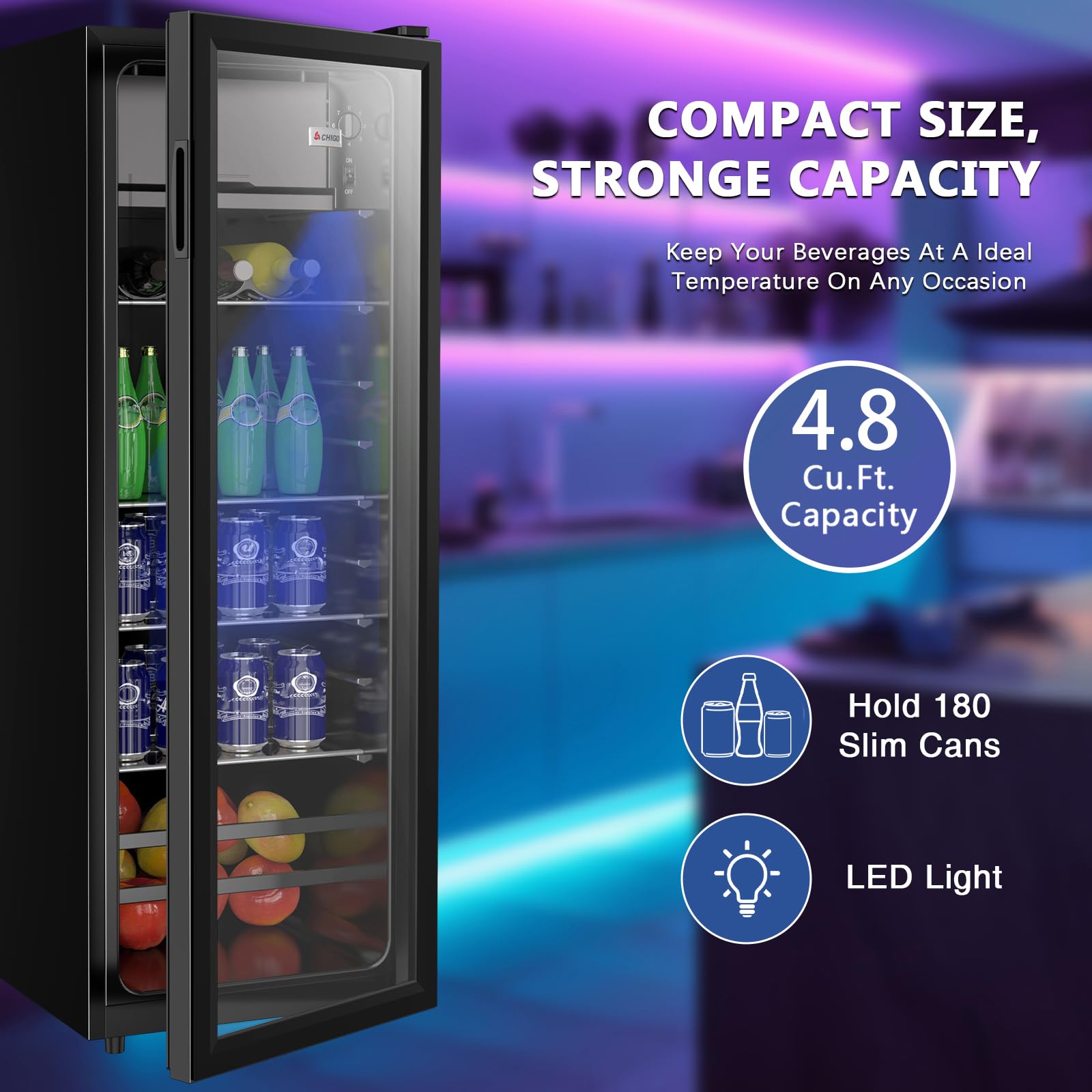 Borcolo Beverage Refrigerator, 180 Can Mini Fridge Glass Door For Soda, Beer Or Wine With LED Light, Temperature Control, Compact Mini Bar Adjustable Removable Shelves For Home/Office 4.8 Cu.Ft on Fridge.com - View 3