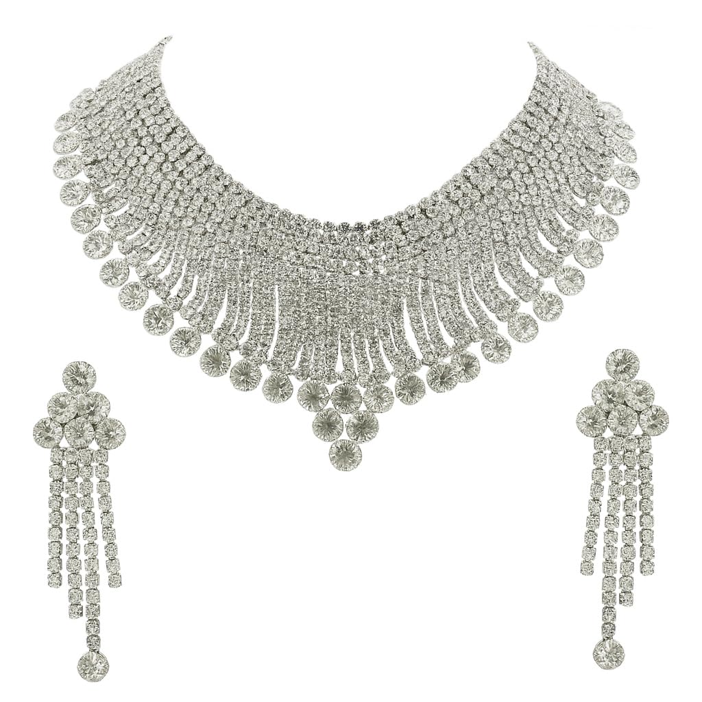 Luxury White Crystal Choker Jewellery Set for Women | Bridal Necklace with Long Earrings | Wedding, Party & Festive Fashion Jewellery Set | Premium Statement Accessories-image-29