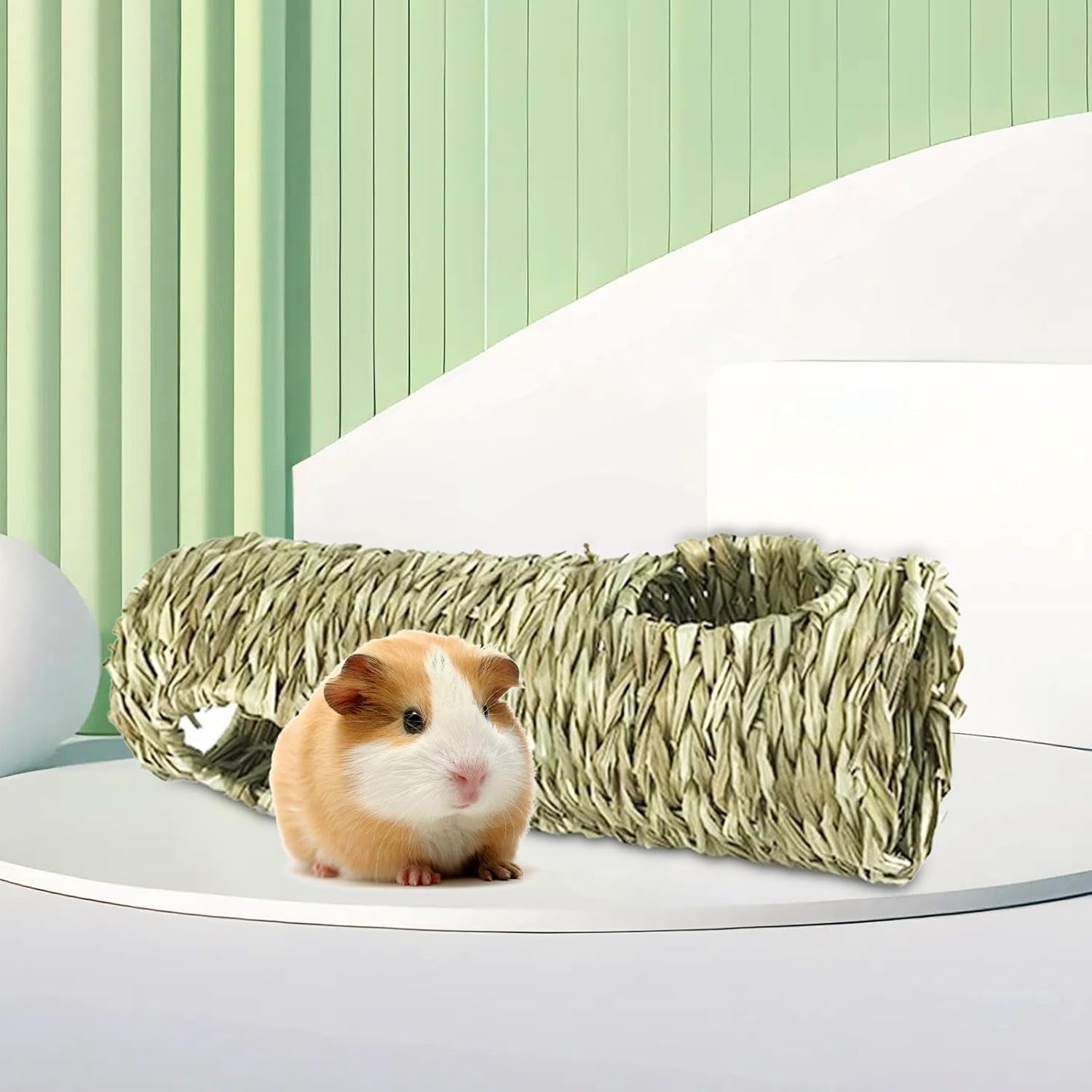 Hamster Grass Tunnel Interactive Toy Hay Bed Cage Cottage Hut Tunnel Tube Straw House for Hamster Rat Squirrels Ferret, 50x16cm