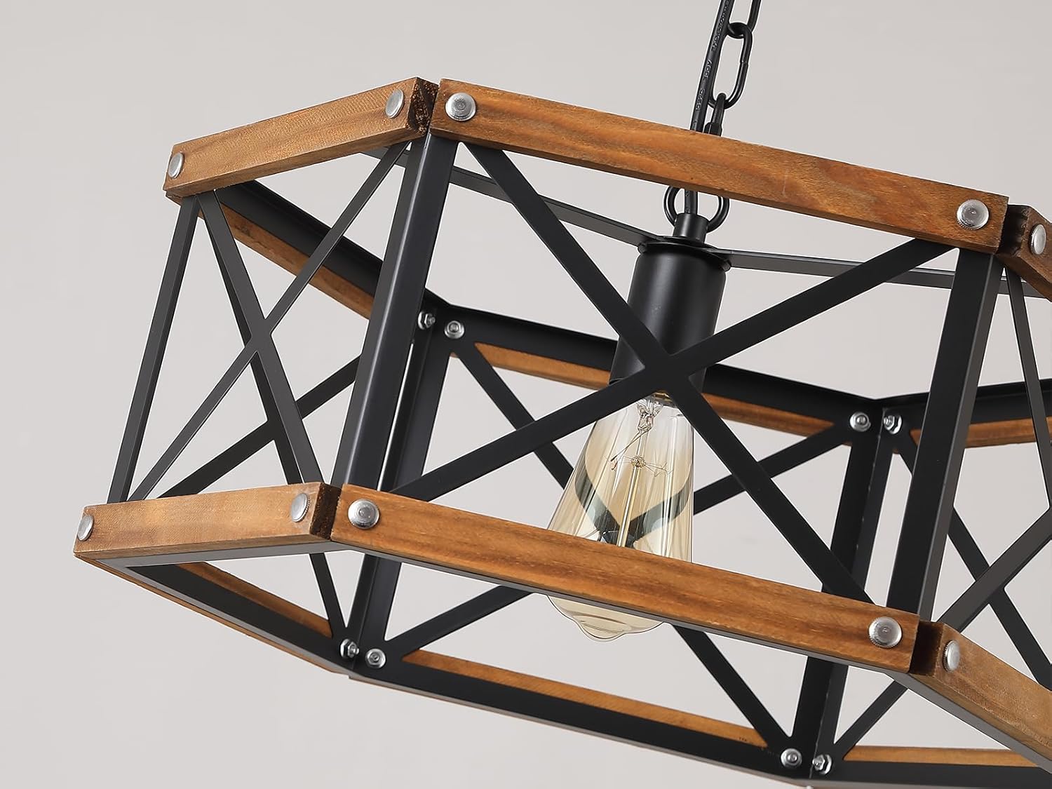Rustic Farmhouse Large Plug in Pendant Light Fixture with Adjustable Chain, Dimmable Switch, 17.8 inch Industrial Oak Wood and Metal Cage Hanging Lamp for Dining Room Kitchen Farmhouse Entry, Black