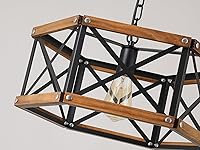 Vista 5 de Rustic Farmhouse Large Plug in Pendant Light Fixture with Adjustable Chain, Dimmable Switch, 17.8 inch Industrial Oak Wood and Metal Cage Hanging