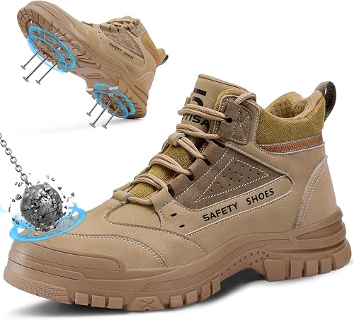 LANGTAN Steel Toe Work Boots for Men - High Top Puncture Resistant Safety Boots 