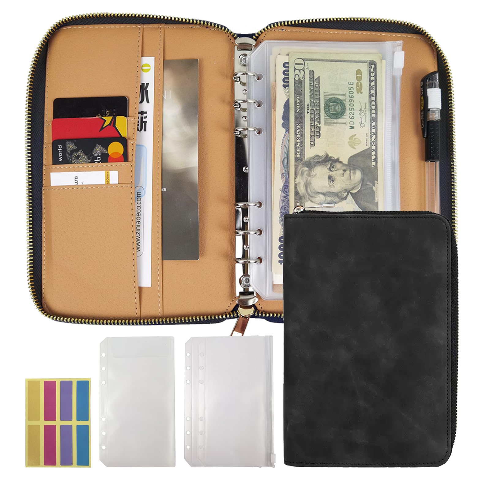 A6 Leather Budget Binder Cash Envelopes System Wallet Budget Planner PU Leather Cover Notebook with Zipper 6 Rings Refillable Money Wallet Organizer for Cash Budgeting and Saving (Black)