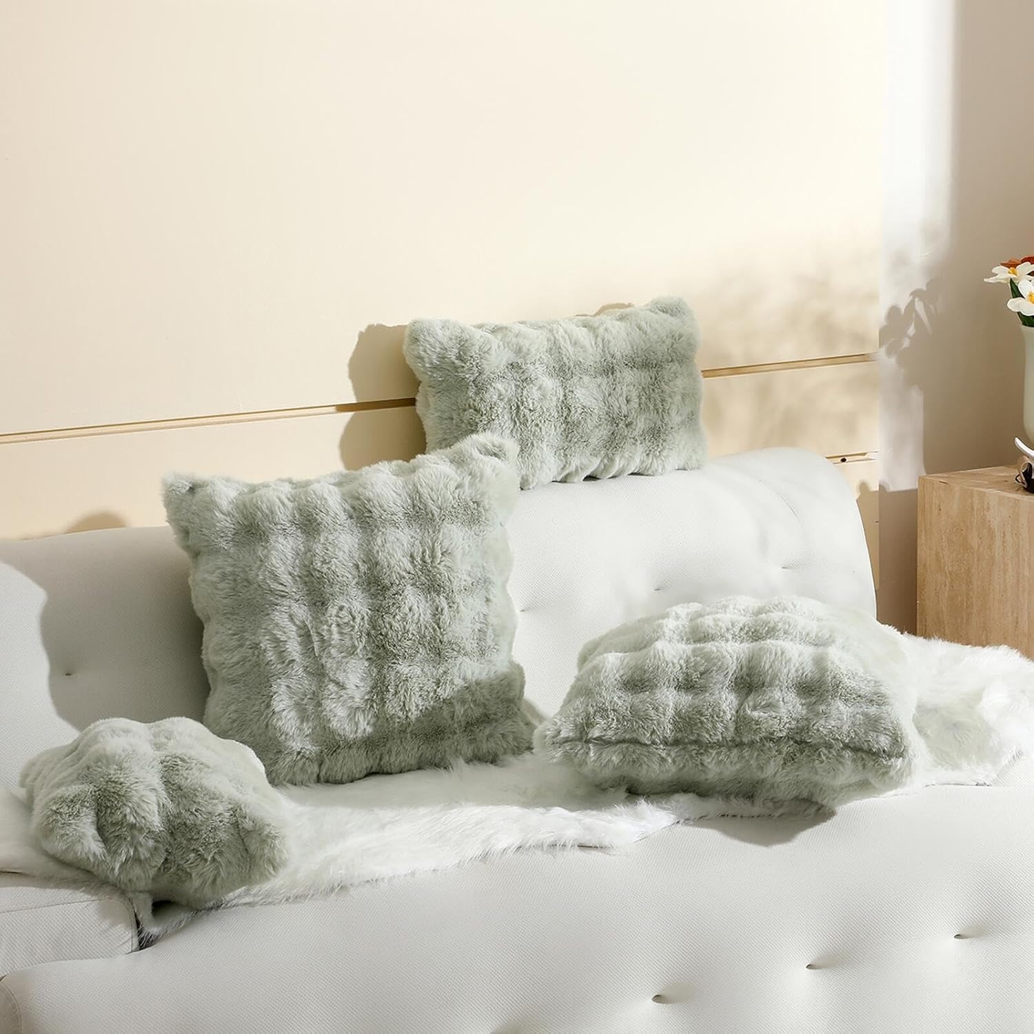 linmopm Excluding Insert Faux Rabbit Fur Bubble Pack of 2 Throw Pillow Cover Double Side 20x20 Inch Green Thick Plush Dense Fuzzy Decorative Cushion Covers for Couch Bedroom