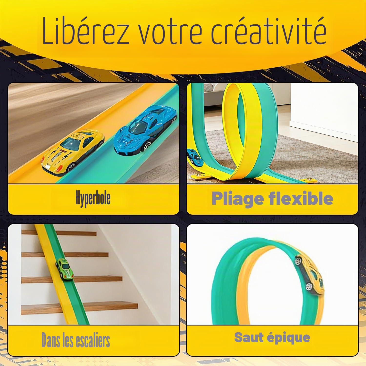 Circuit de Voiture Flexible, Circuit de course flexible pour voitures de course, Portable Piste de Course Jouet pour Voiture, Piste de Voiture Jouet Librement Construite, Cadeau pour Garçons et Filles
