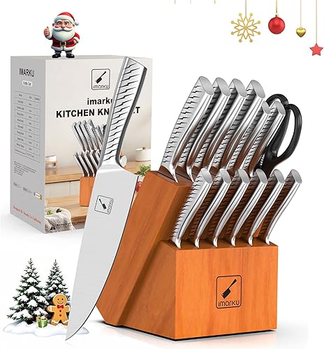 imarku Juego de cuchillos de cocina de acero inoxidable de alto carbono con afilador integrado, apto para lavavajillas, mango ergonómico