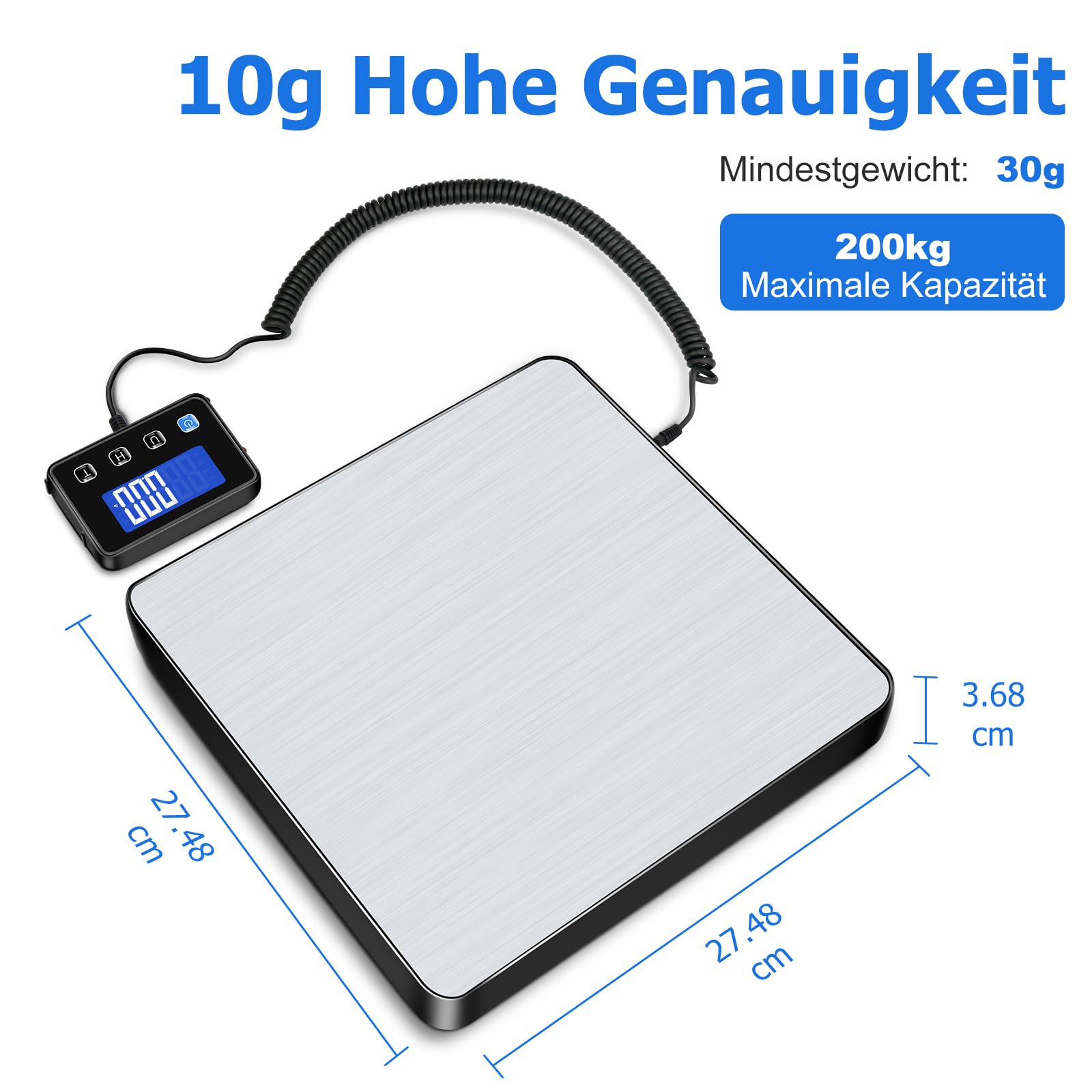 KUAIVO Paketwaage, Hochpräzise Plattformwaage 200kg/10g mit LCD/Hold/Tara Funktion, Postwaage aus Edelstahl für Pakete, Gepäck, Lagerhaus, Unternehmen und für den Hausgebrauch, Aufladbar