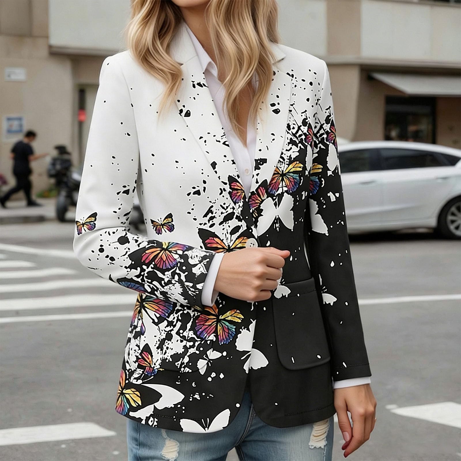 Blazer Mujer Estampado Casual, Americana Elegante con Solapa de Manga Larga, Chaqueta de Traje Cómoda y Moderna para Oficina, Citas y Uso Diario