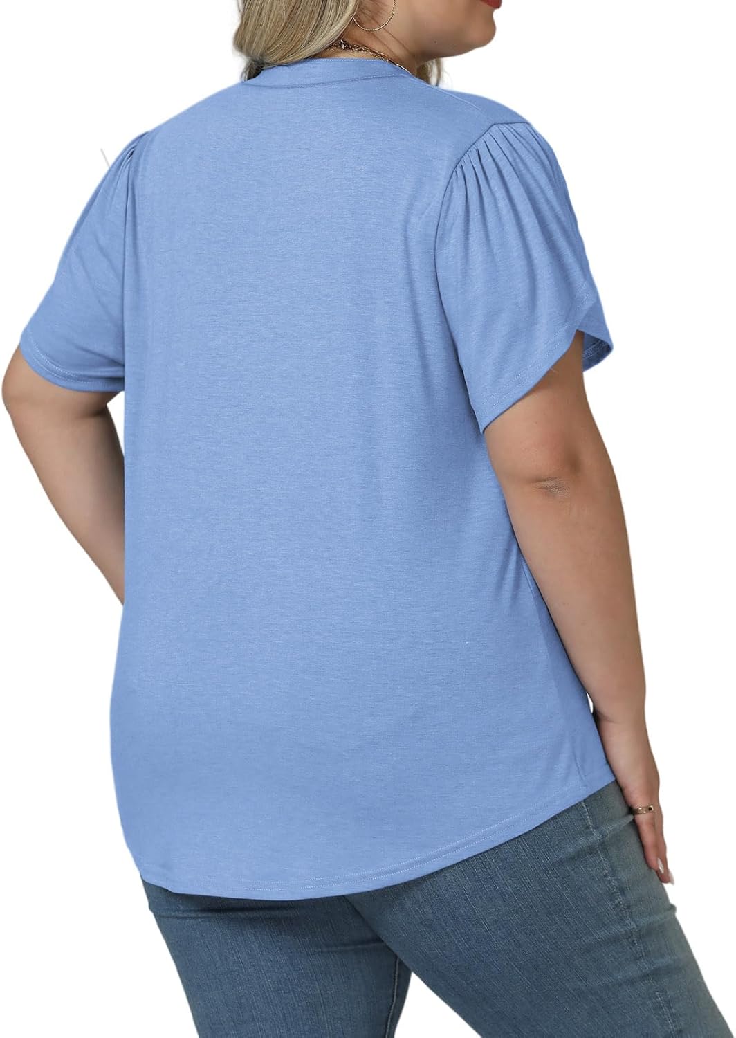 VISLILY Plus-Size-Summer-Tops for Women Dressy V Neck T Shirts Trendy Petal Short Sleeve Tunics Casual Pleated Blouses 1X-5X - Image 2