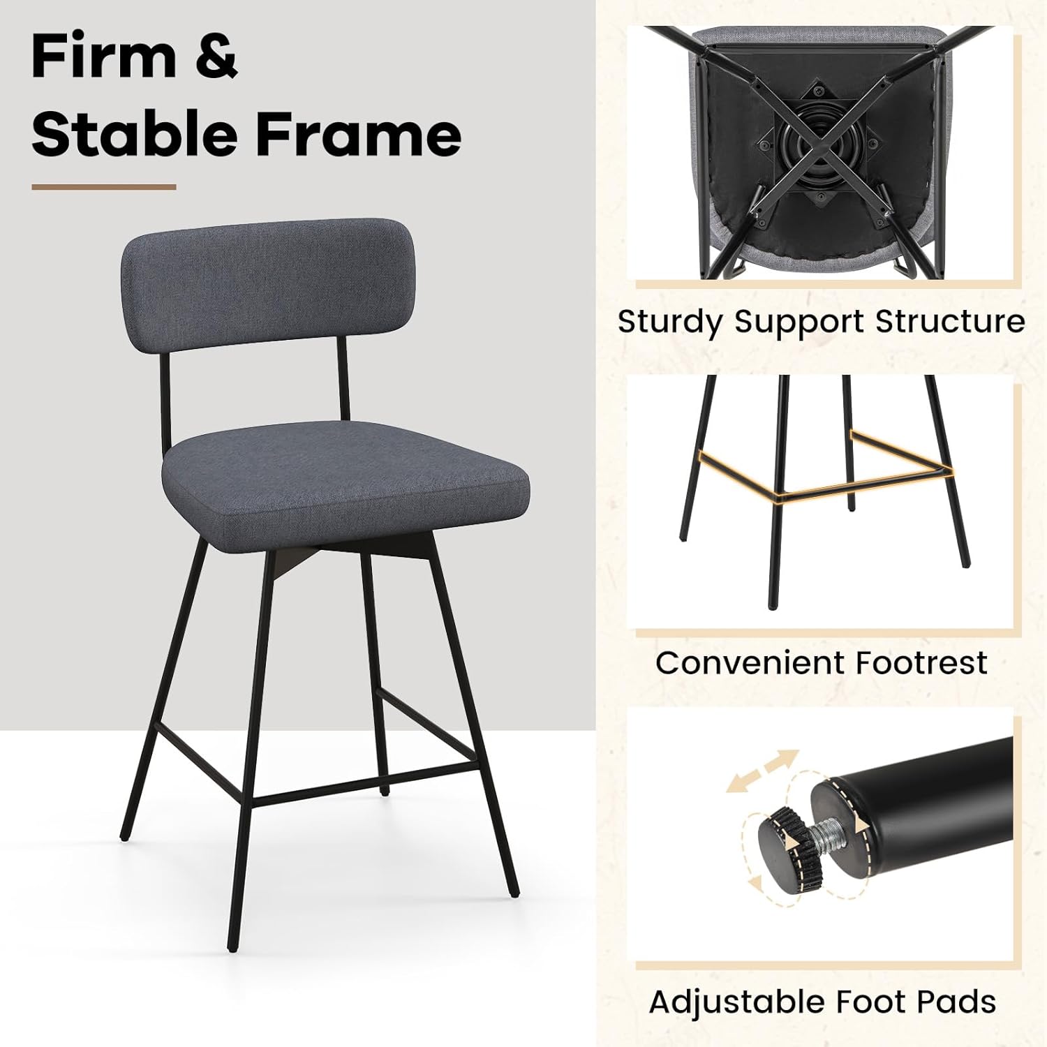 COSTWAY Bar Stools Set of 2, 25” Upholstered Counter Height Bar Stools with Back, 360° Swivel Dining Chairs with Heavy-Duty Metal Legs and Footrests, for Kitchen Island, Dining Room, Bar (2, Grey)