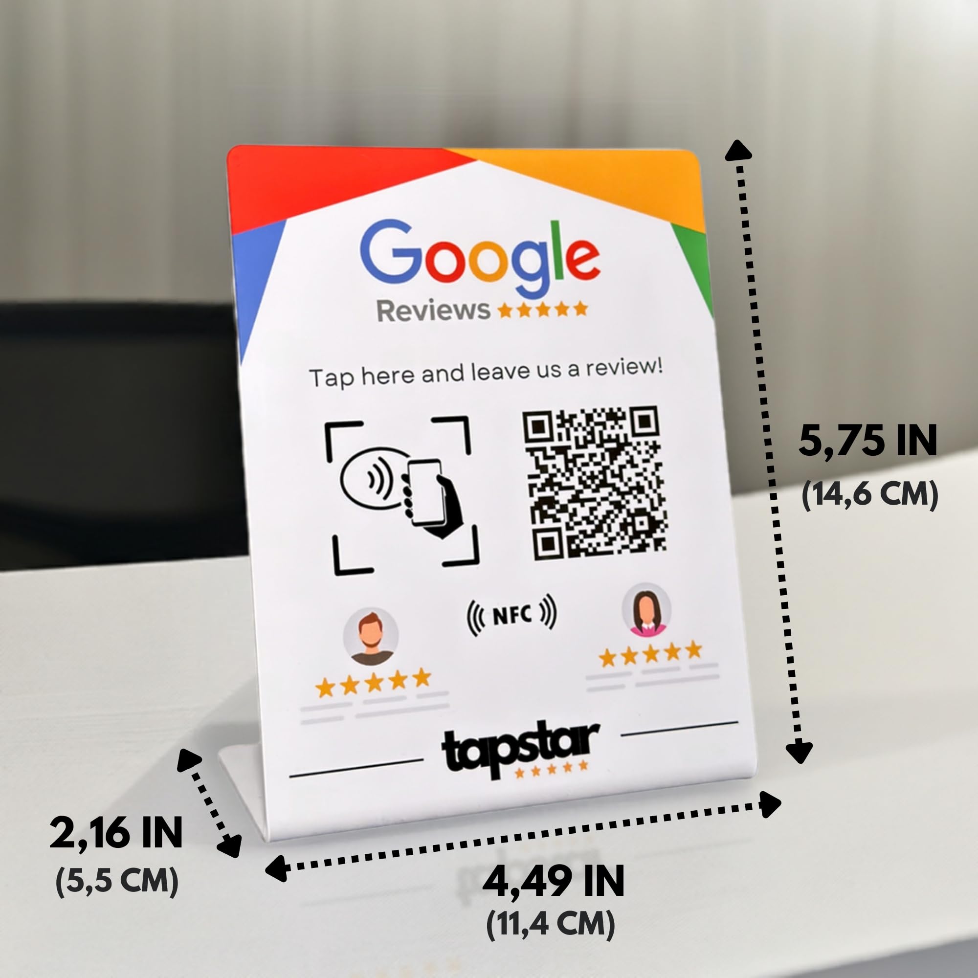 TAPSTAR Supporto Recensioni Google NFC - Stand per ottenere recensioni Google - Poster NFC Recensioni Google - Compatibile con Android & iPhone - Facile configurazione con Web App - Nessun abbonamento
