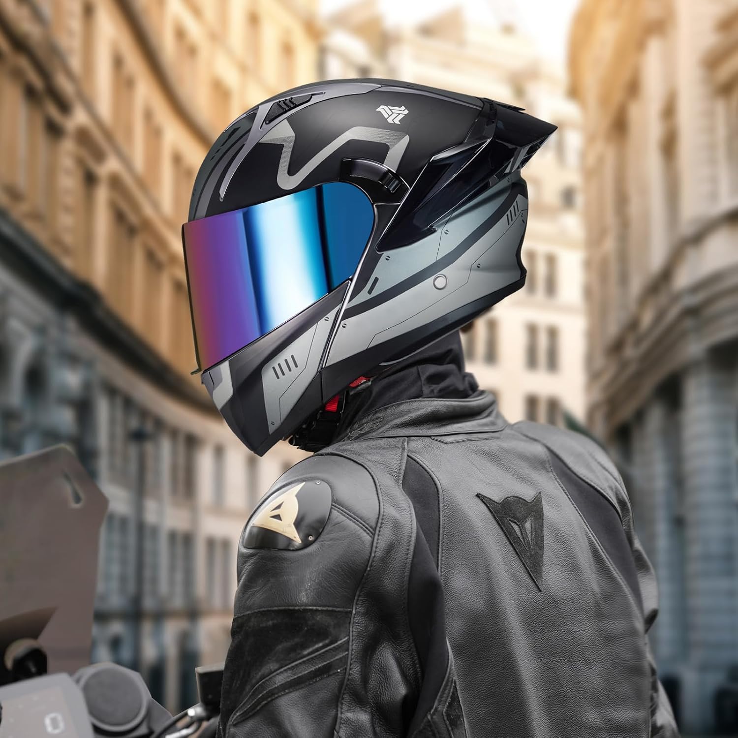 Modular Motorcycle Helmet Dual Visor Flip Up Full Face Helmets SJ-809 DOT Approved for Adults Men Women (Gray Mech Man, L)