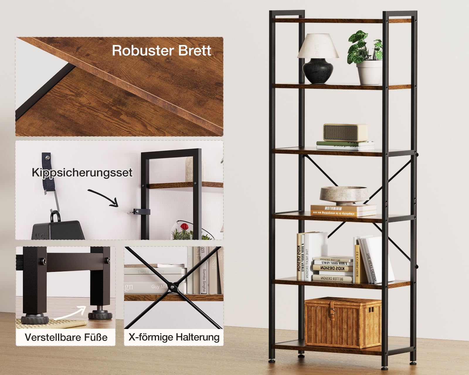 Coleshome 6 Ebenen Bücherregal, Industrie Regal 177cm Braun | Regal 51cm Kippschutz Kompakt Platzsparend Präsentieren Bücher Pflanzen Deko Wohnzimmer Schlafzimmer Büro