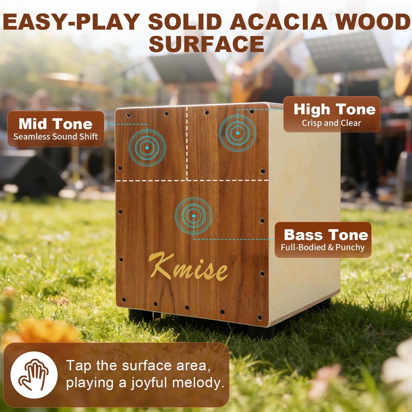 Kmise Tragbare Cajon-Schlagzeugbox, 30 x 31 x 37 cm, verstellbare Snare-Cajon-Trommeln, massives Akazien- und Birkenholz, Percussion-Instrument Geschenk für Erwachsene und Kinder, mit Tragetasche, für