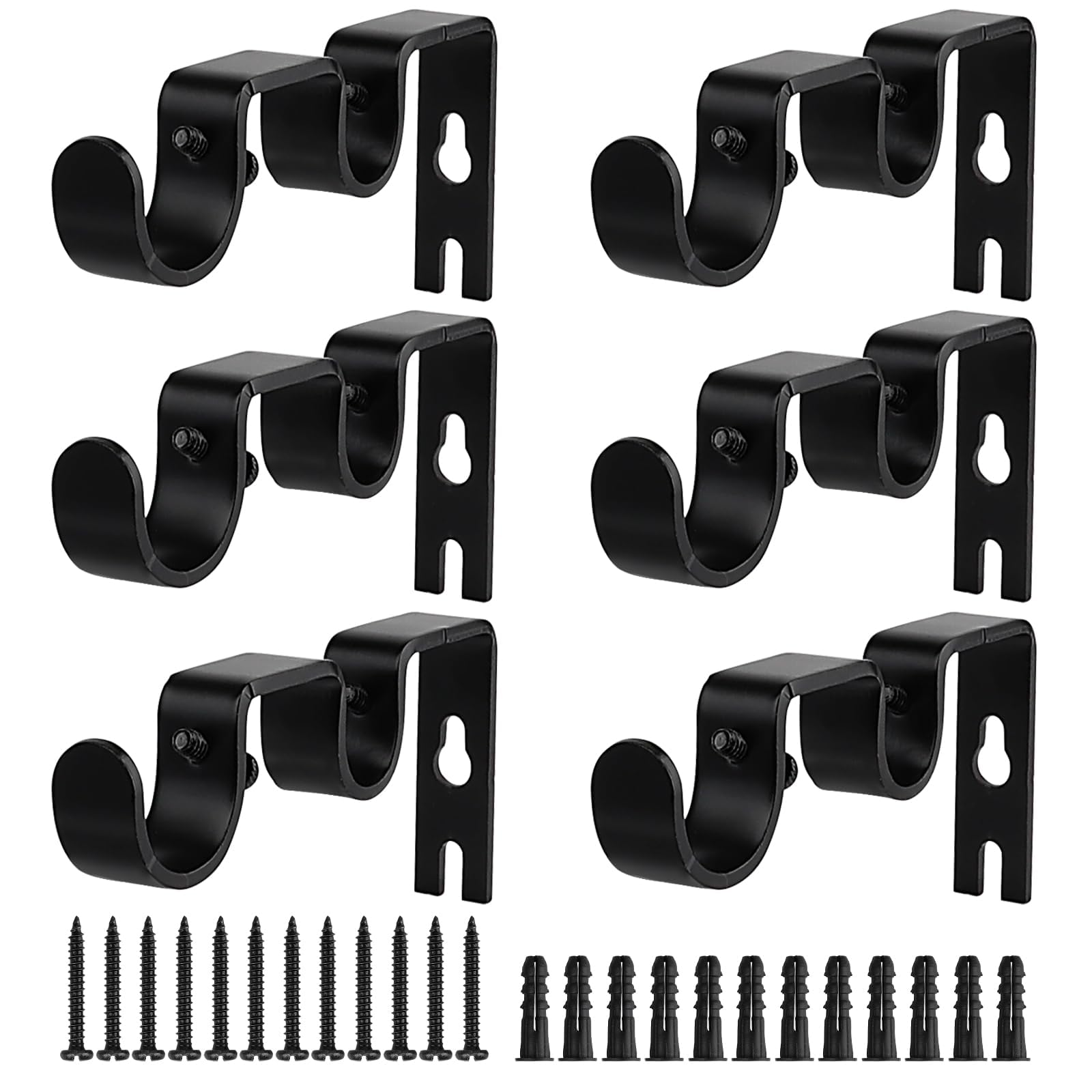 6 Pack Double Curtain Rod Brackets, Heavy Duty Adjustable Curtain Rod Holders, Black Wall Mount Metal Hooks for 1" and 5/8" Rods, Perfect for Bedroom, Living Room, and Window Curtains