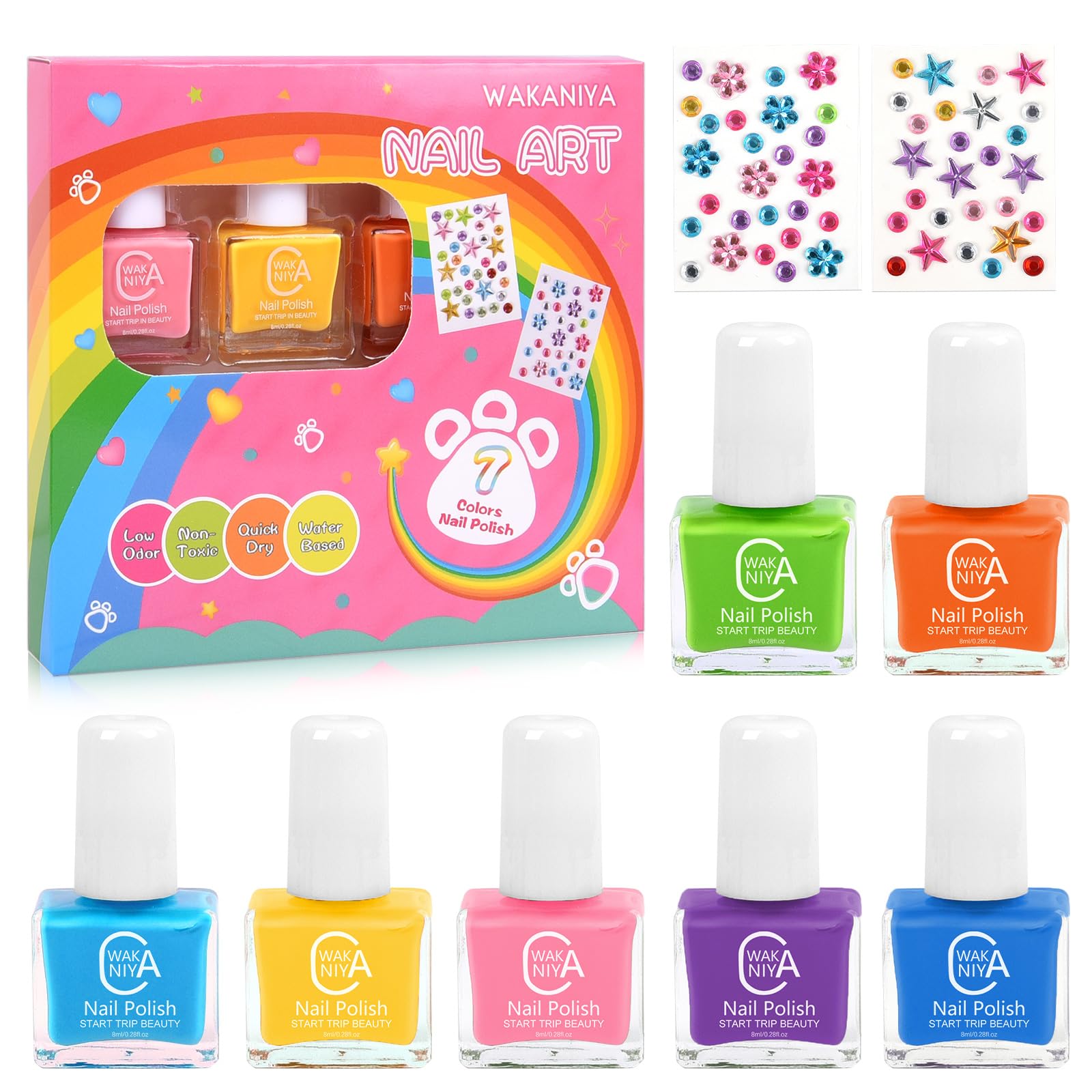 wakaniya Kinder-Nagellack-Set für Mädchen, 7 Bonbonfarben auf Wasserbasis mit Diamant-Aufklebern, geruchsarmes, abziehbares Nagellack-Set für Kleinkinder nail polish