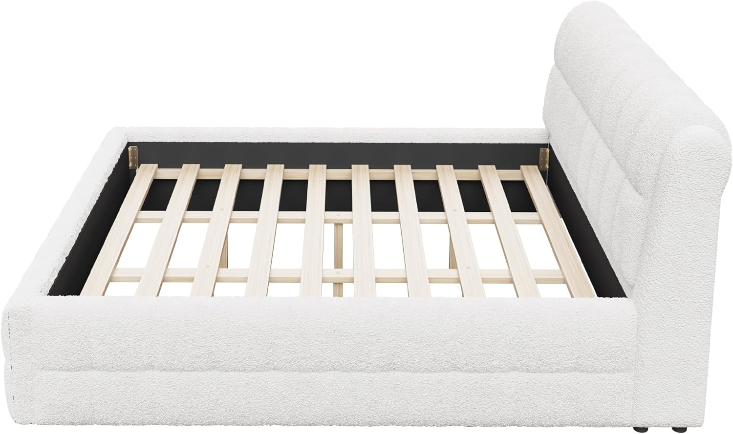 SOFTSEA King Size Upholstered Floor Bed Frame, Fleece Fabric Grounded Bed Platform Bed with Thick Headboard for Modern Bedrooms, No Box Spring Needed, Easy Assembly, White