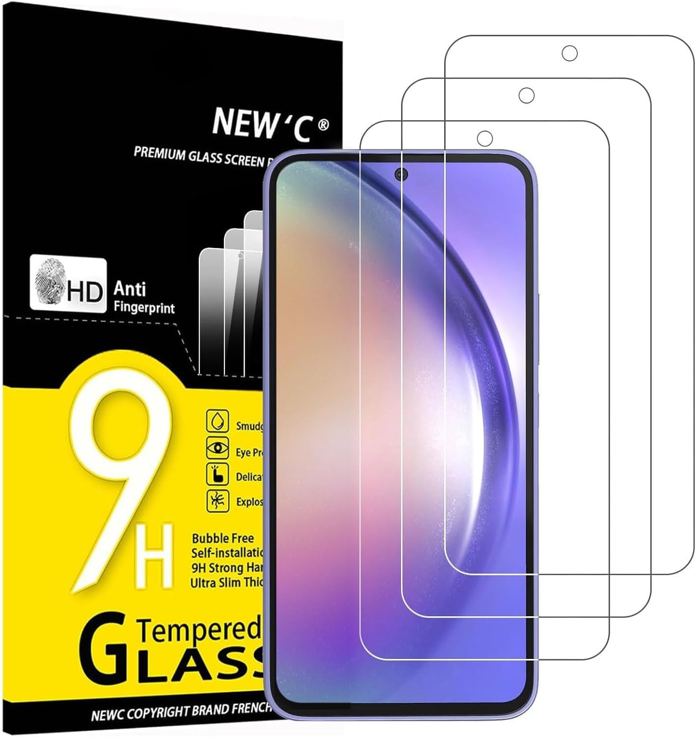 NEW'C 3 Pack Designed for Samsung Galaxy A54 5G, Screen Protector Tempered Glass, 9H Hardness, HD Screen Protector, 0.33 mm Ultra Clear, Ultra Resistant