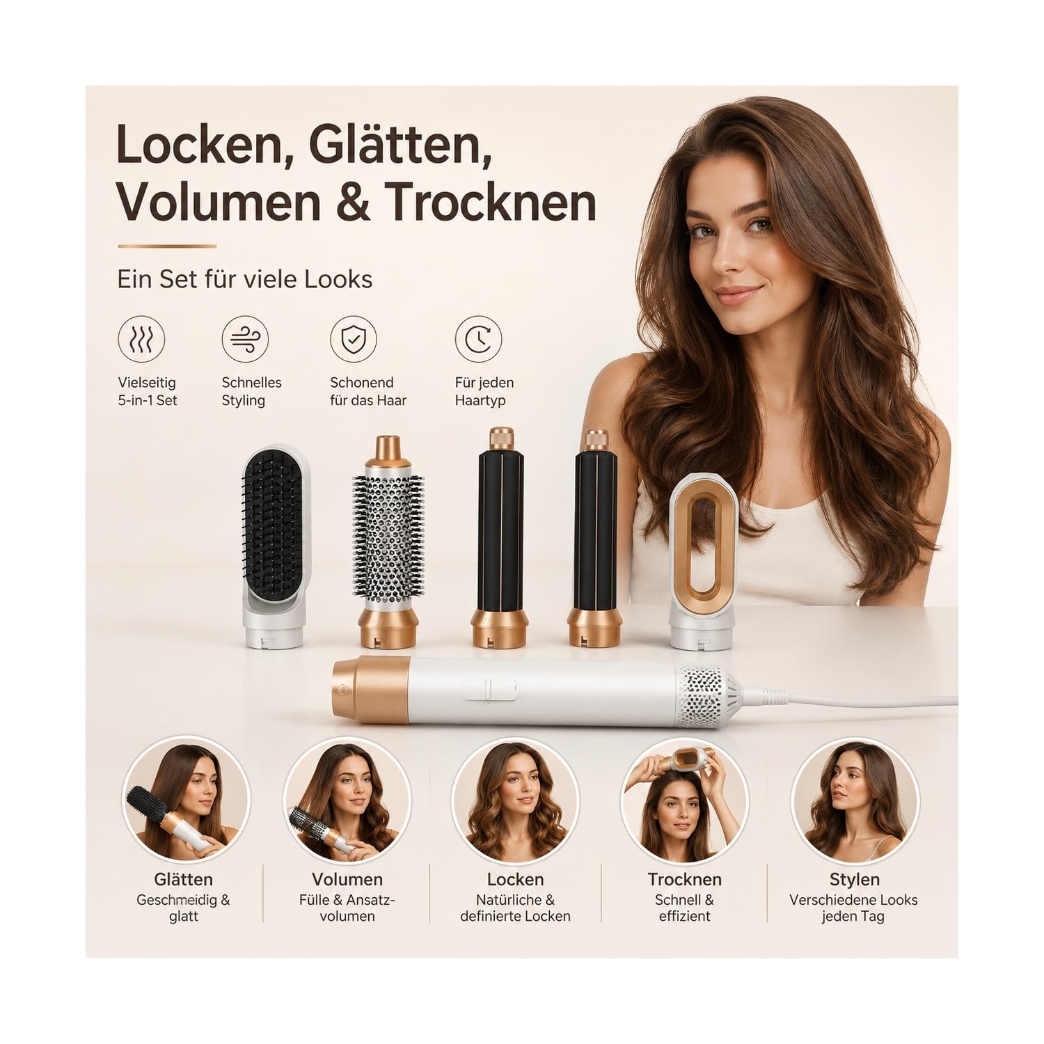 True Glow Whipl 5 in 1 Haarstyler Airstyler Warmluftbürste Locken Glätten Volumen Trocknen