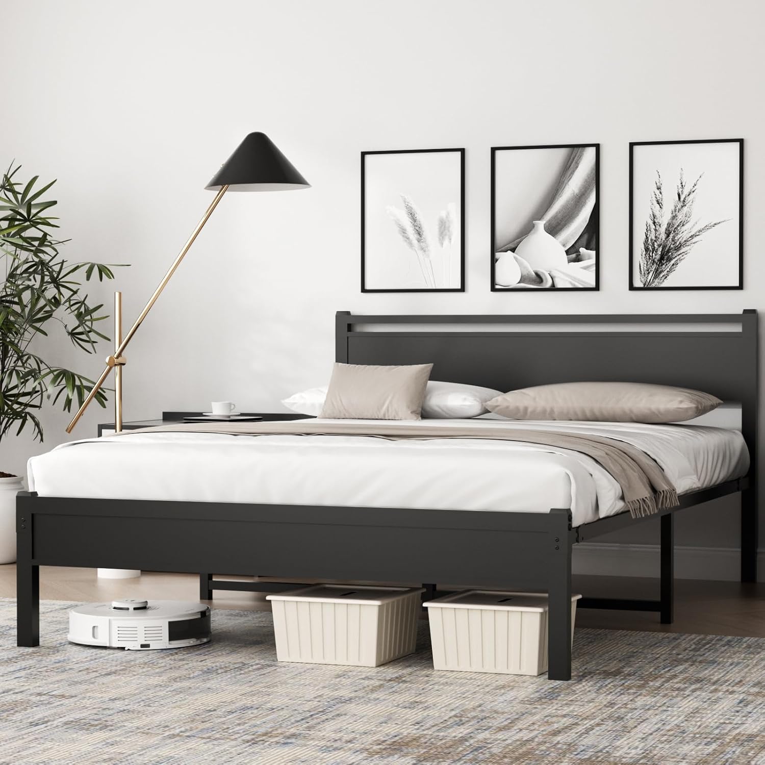Easy Install 16 Inch Queen Size Bed Frame,Metal Platform Bed Frame with Wooden Headboard and Footboard,Mattress Foundation,Large Under Bed Storage,No Box Spring Needed,Non-Slip Without Noise,Black
