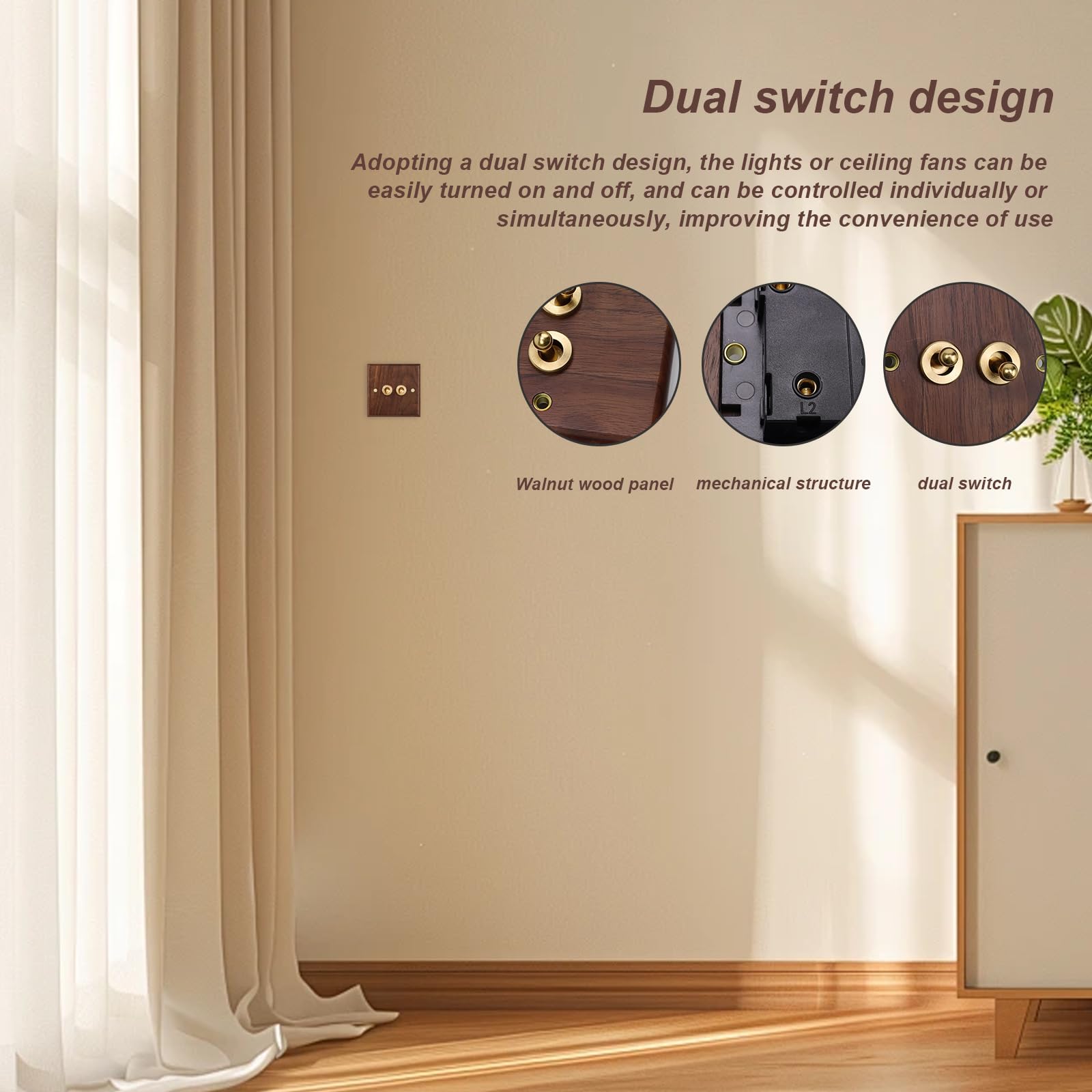 WJUAN 86 Type Double Light Toggle Switch, Black Walnut Colour Antique Brass Light Switch - Image 4