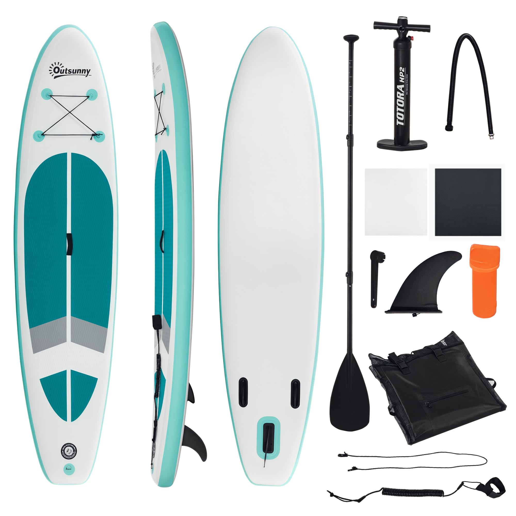 Outsunny Tabla de Paddle Surf Hinchable 320x76x15 cm Plegable con Remo de Aluminio Ajustable Desmontable Bolsa de Transporte y Accesorios Completos Blanco y Turquesa